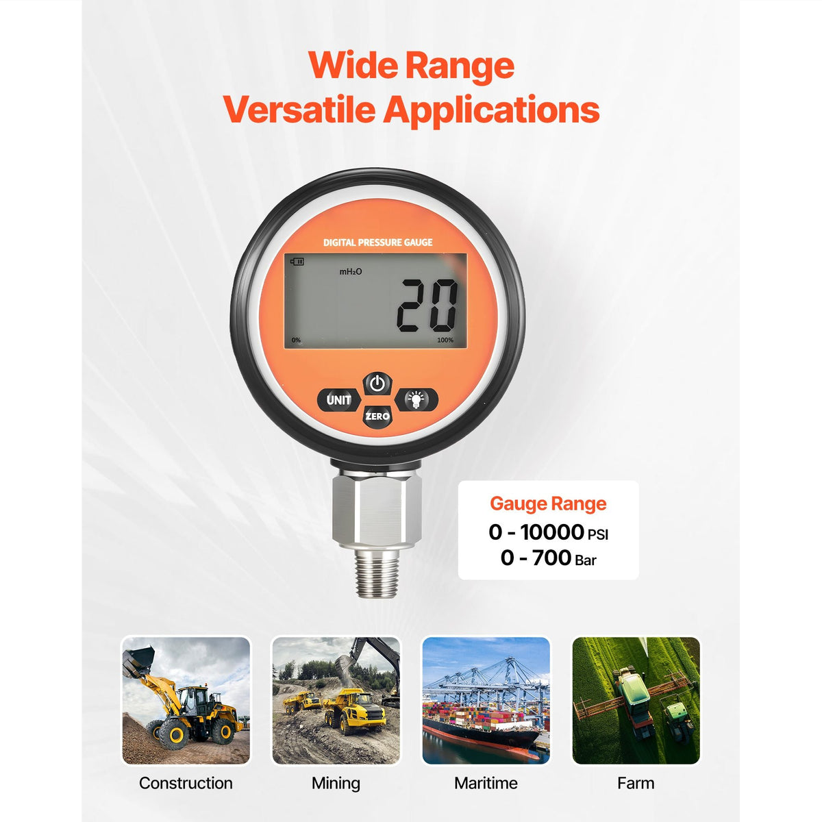 Digital Hydraulic Pressure Gauge, 0-10000 PSI (0-700 Bar) Hydraulic Pressure Sensor, Manometer Tester with 1/4 inch NPT Base Entry for Excavator Construction Machinery, Stainless Steel Housing