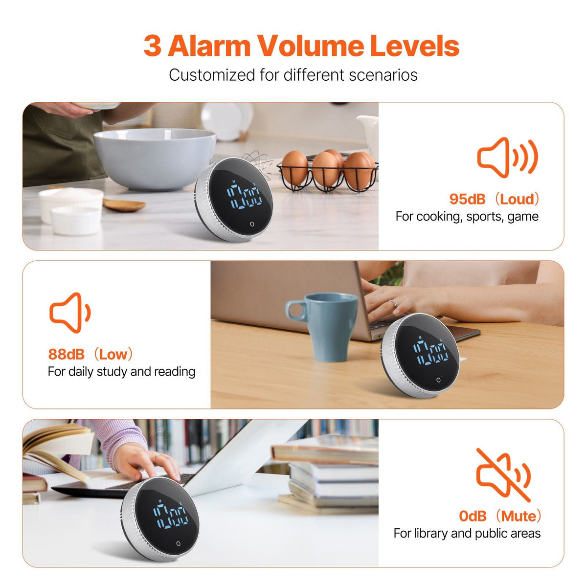 Digital Kitchen Timer, Magnetic Countdown Countup Timer with 3-inch Large LED Display, 3 Volume Levels & 2 Lighting Modes, Digital Visual Timer Ideal for Cooking Classroom Studying Fitness