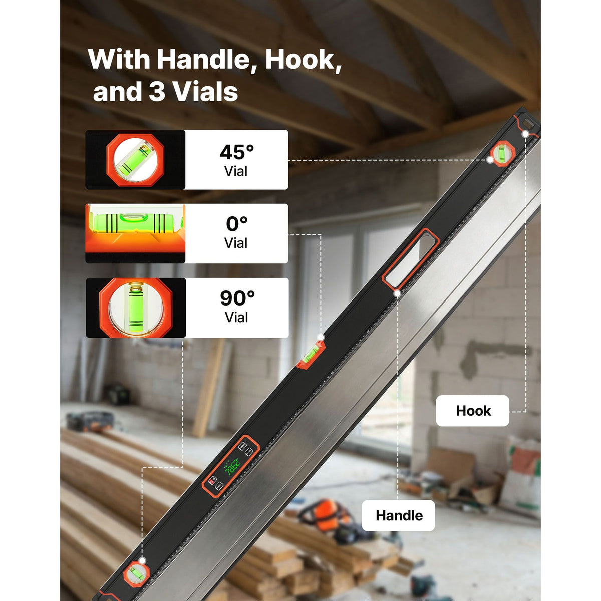 Digital Level, 48 in Length, Magnetic Electronic Level with LED Backlit Display, 360° Electronic Leveler Tool with 0°/45°/90° Bubble Vials, IP54 Rating for Construction Carpentry Home Renovation