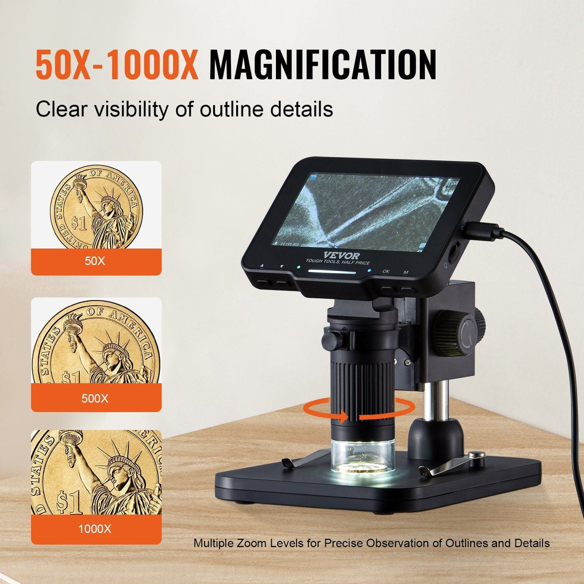 Digital Microscope, 4.3' IPS Screen, 50X-1000X Magnification, 1080P Photo/Video Coin Microscope, Electronic Microscope with 8 LED Lights and 32GB Card,Compatible with Windows/Mac OS