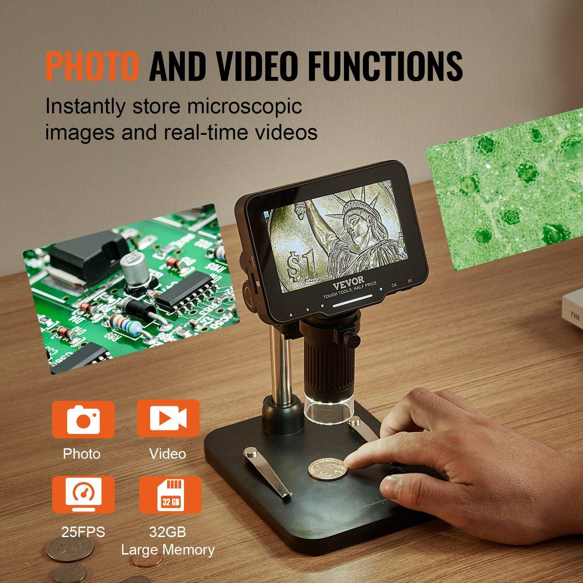 Digital Microscope, 4.3' IPS Screen, 50X-1000X Magnification, 1080P Photo/Video Coin Microscope, Electronic Microscope with 8 LED Lights and 32GB Card,Compatible with Windows/Mac OS