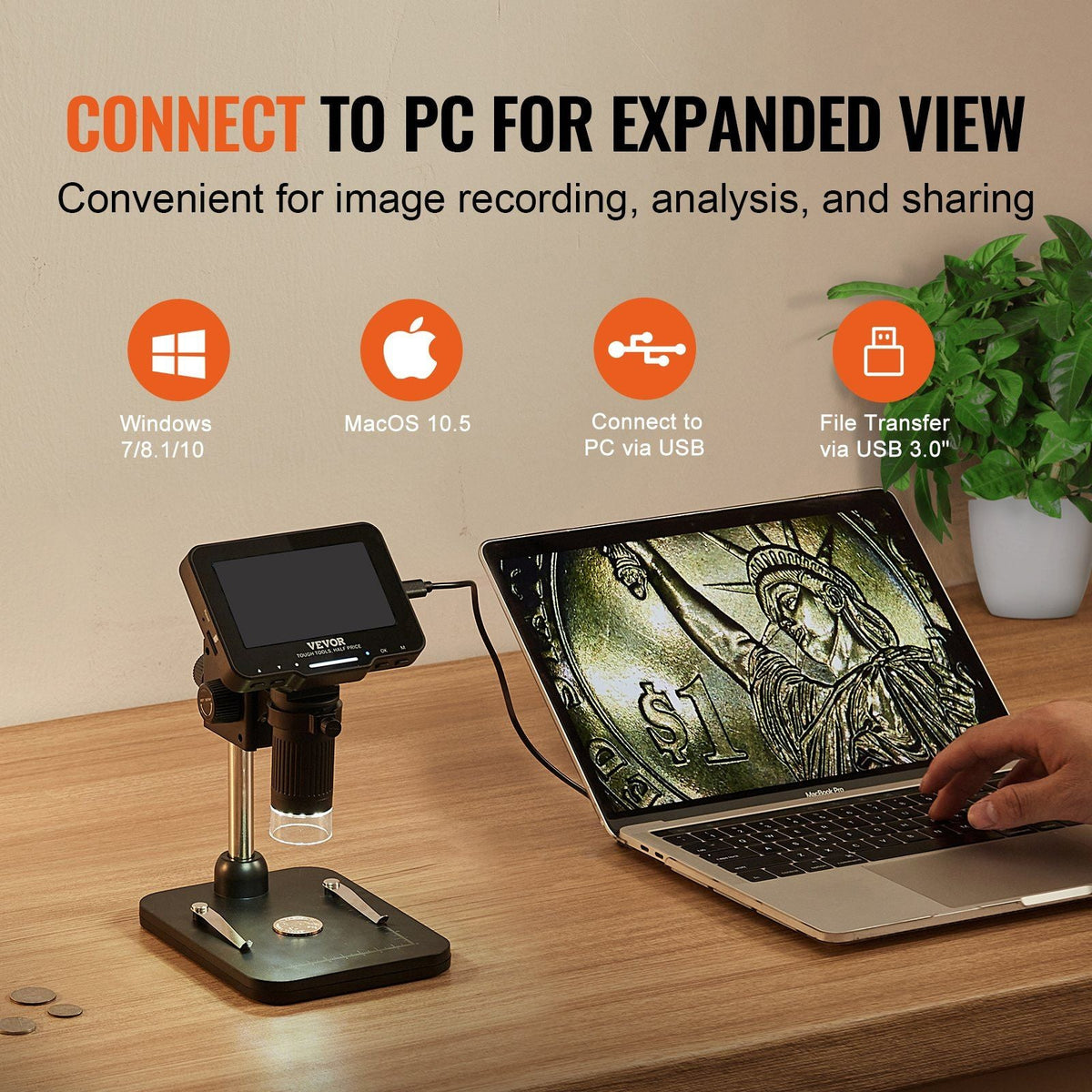 Digital Microscope, 4.3' IPS Screen, 50X-1000X Magnification, 1080P Photo/Video Coin Microscope, Electronic Microscope with 8 LED Lights and 32GB Card,Compatible with Windows/Mac OS
