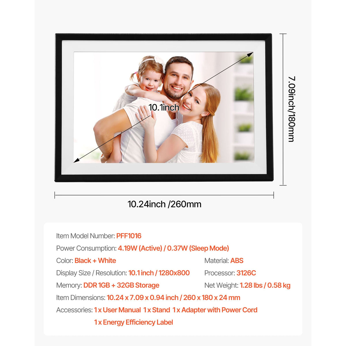Digital Picture Frame 10.1 Inch, 1280x800 HD IPS Touch Screen Electronic Photo Frame, 32GB Memory, Auto-Rotate Portrait and Landscape, Share Photos/Videos Instantly via App, for Parents Friends