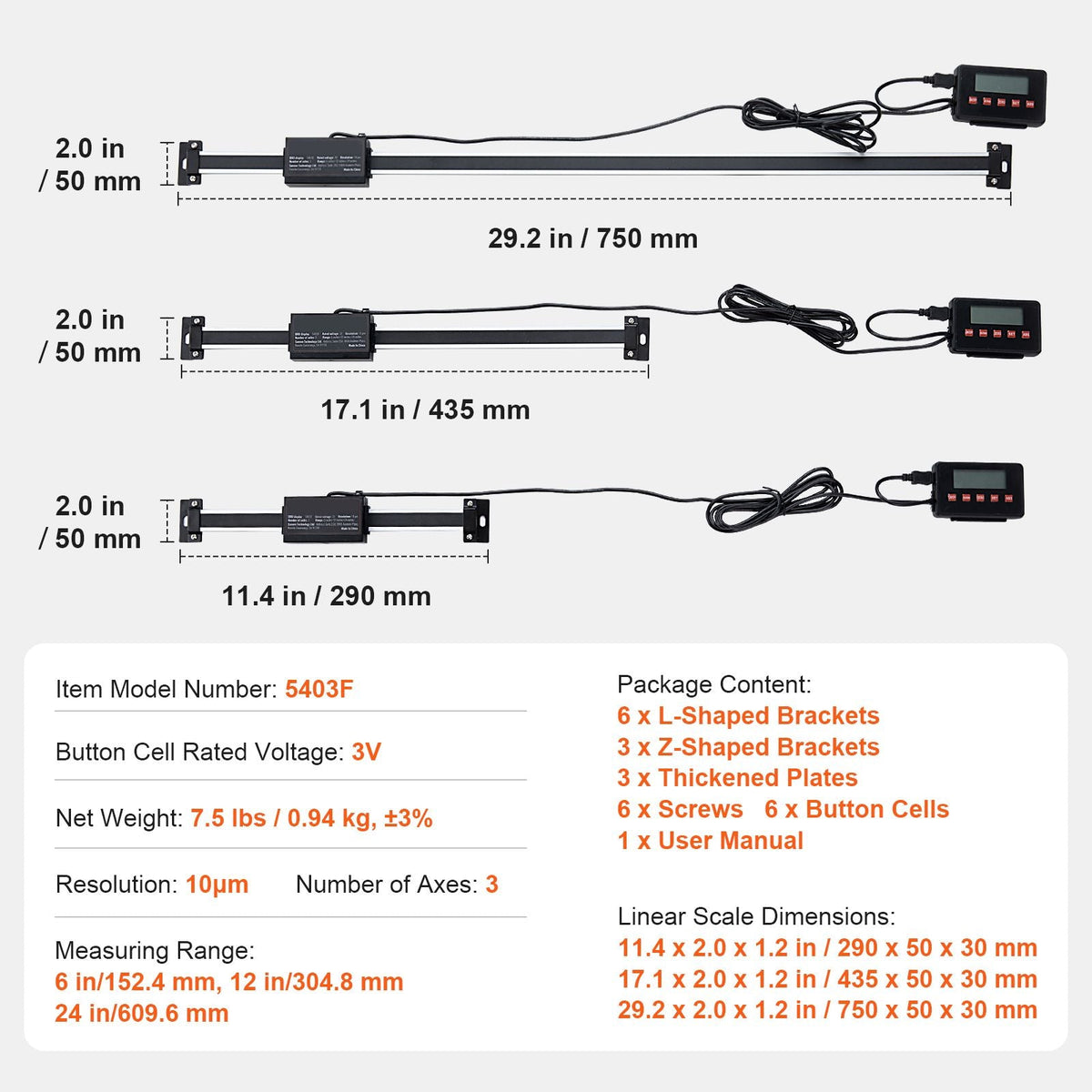 Digital Readout, 6'' & 12'' & 24'', Linear Scale 3 Axis DRO Display Kit with L-Shaped Brackets Z-Shaped Brackets Thickened Plates Screws Button Cells