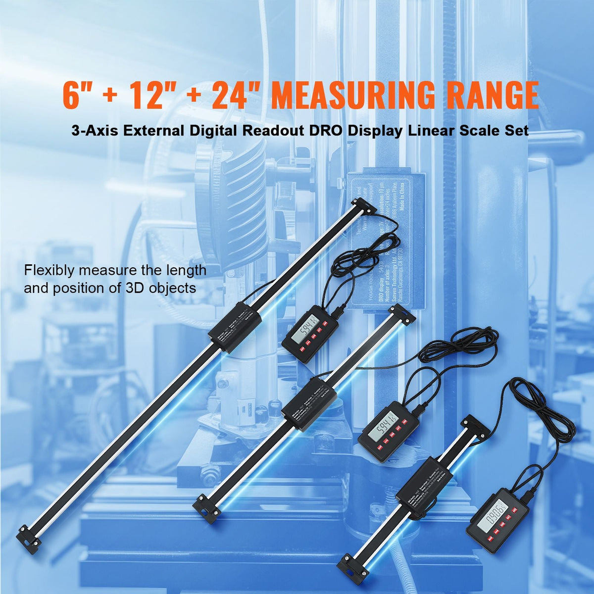 Digital Readout, 6'' & 12'' & 24'', Linear Scale 3 Axis DRO Display Kit with L-Shaped Brackets Z-Shaped Brackets Thickened Plates Screws Button Cells