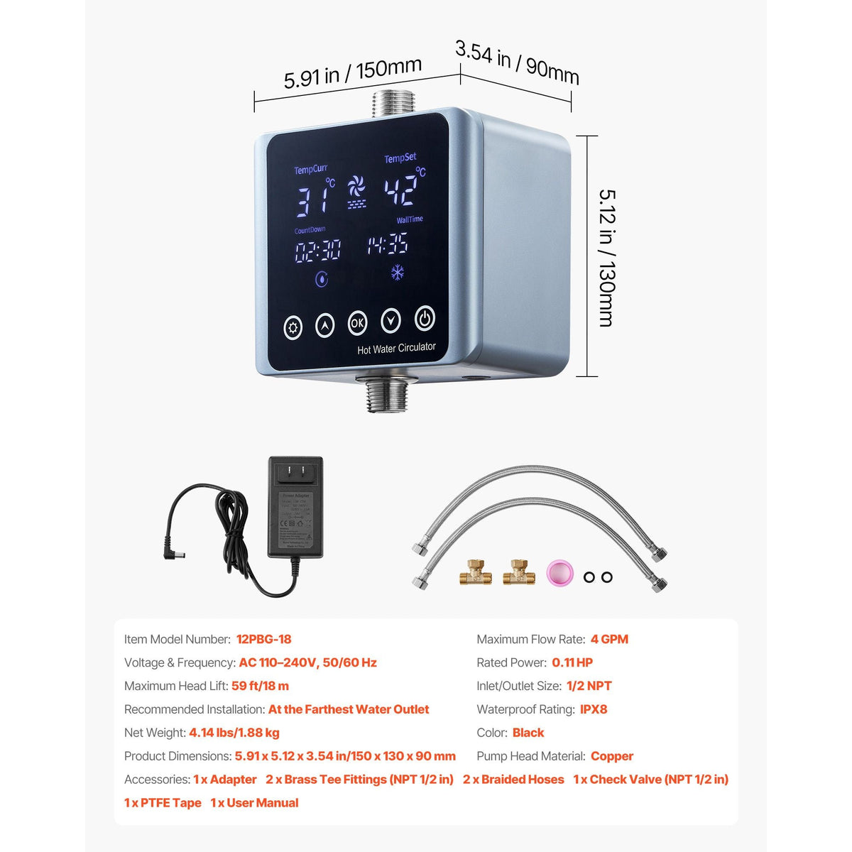 Digital Smart Instant Hot Water Recirculating Pump Kit, with Built-in Thermostat, Timer, Digital Screen, Under Sink Recirculation Circulation Circulator Pump System, for House Water Heaters
