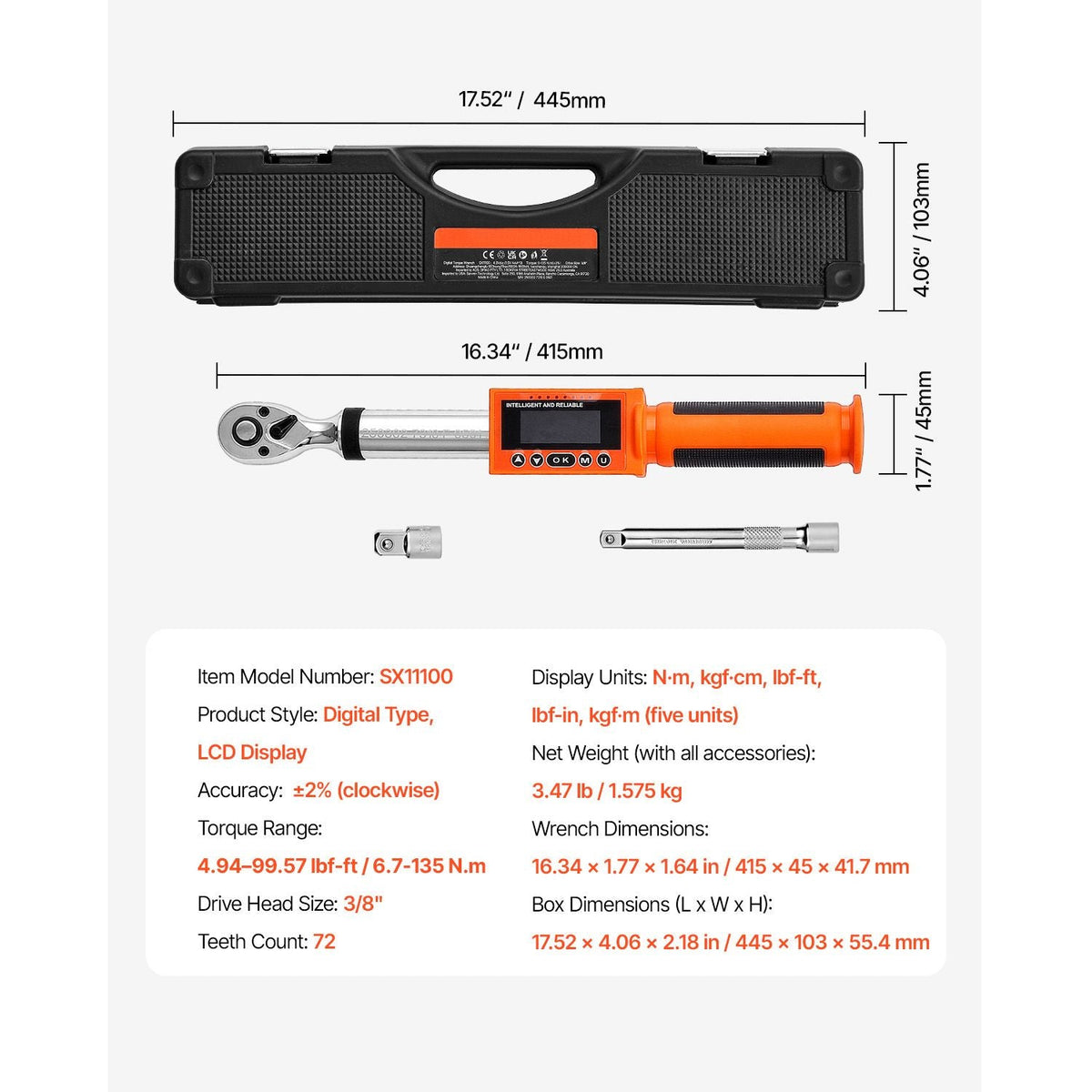 Digital Torque Wrench, 3/8 Inch Drive, 0-99.57 lbf-ft / 0-135 N.m, 72-Tooth, ±2% High Accuracy Electronic Torque Wrench with Preset Value, Buzzer and LED Notification, for Automotive Motorcycle