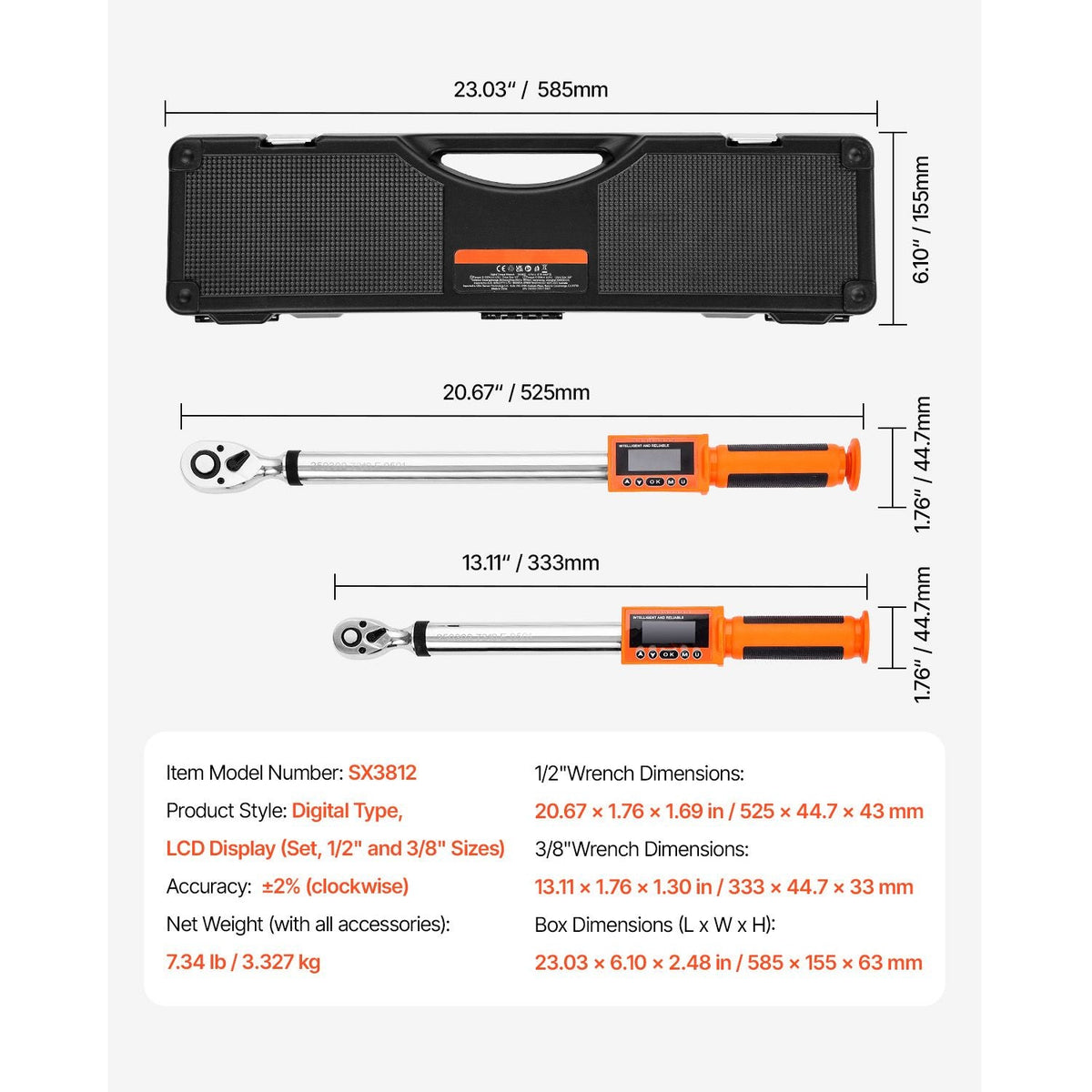Digital Torque Wrench Set, 2 Pieces, 1/2, 3/8 Inch Drive, 72-Tooth, ±2% High Accuracy Electronic Torque Wrench with Preset Value, Buzzer and LED Notification, for Automotive Motorcycle