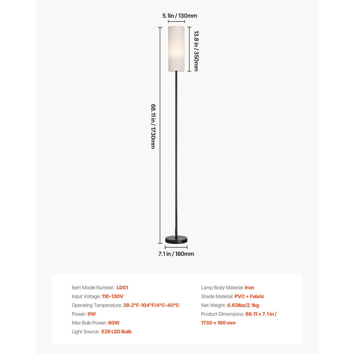 Dimmable Floor Lamp, Stepless Adjustable Colors, Modern Standing Lamp with Remote Control, Foot Switch & APP Control, Tall Floor Lamp for Living Room, Bedroom, Office, 9W LED Bulb Included