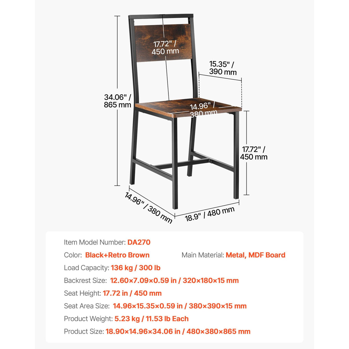 Dining Chairs Set of 4, Wooden Table Chairs with Metal Frame and Backrest, Easy to Assemble Leather Side Chair, Modern Farmhouse Walnut Chair for Kitchen Living Room, Rustic Brown and Black