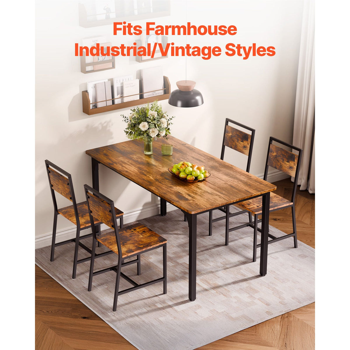 Dining Chairs Set of 4, Wooden Table Chairs with Metal Frame and Backrest, Easy to Assemble Leather Side Chair, Modern Farmhouse Walnut Chair for Kitchen Living Room, Rustic Brown and Black
