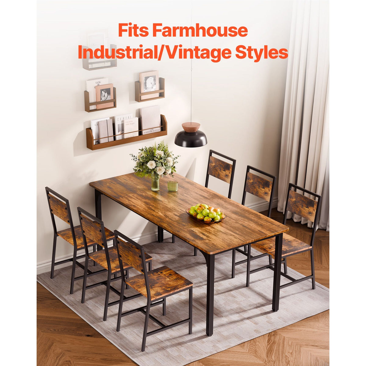 Dining Chairs Set of 6, Wooden Table Chairs with Metal Frame and Backrest, Easy to Assemble Leather Side Chair, Modern Farmhouse Walnut Chair for Kitchen Living Room, Rustic Brown and Black