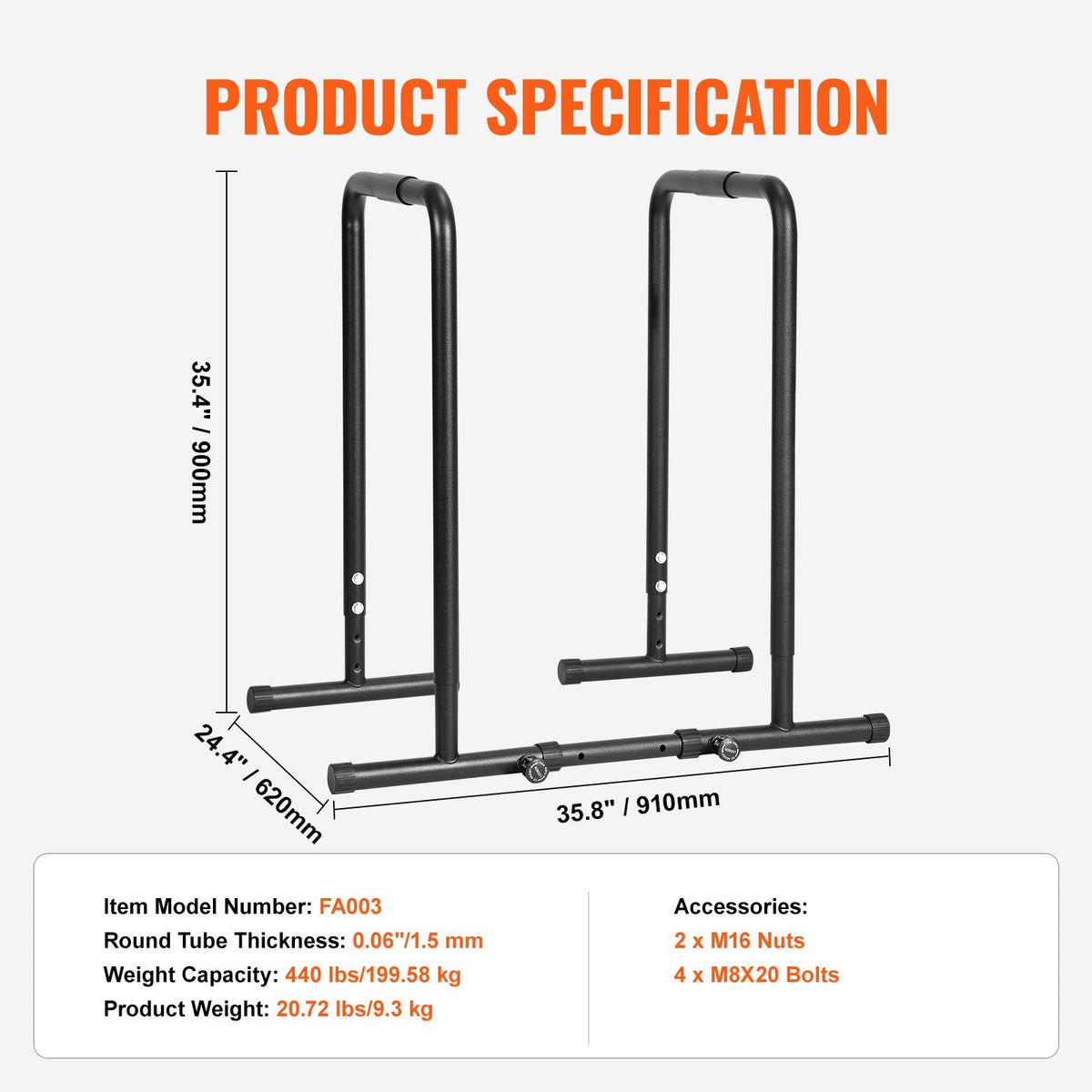 Dip Bar, 440 lbs Capacity, Heave Duty Dip Stand Station with Adjustable Height, Fitness Workout Dip Bar Station Stabilizer Parallette Push Up Stand, Parallel Bars for Strength Training Home Gym