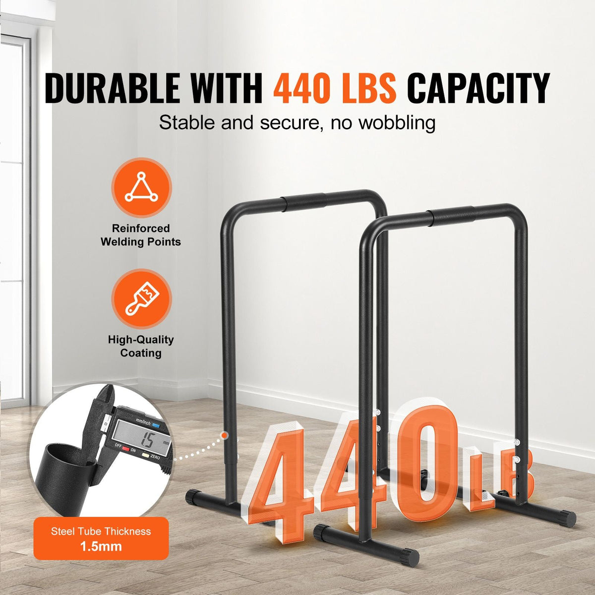 Dip Bar, 440 lbs Capacity, Heave Duty Dip Stand Station with Adjustable Height, Fitness Workout Dip Bar Station Stabilizer Parallette Push Up Stand, Parallel Bars for Strength Training Home Gym