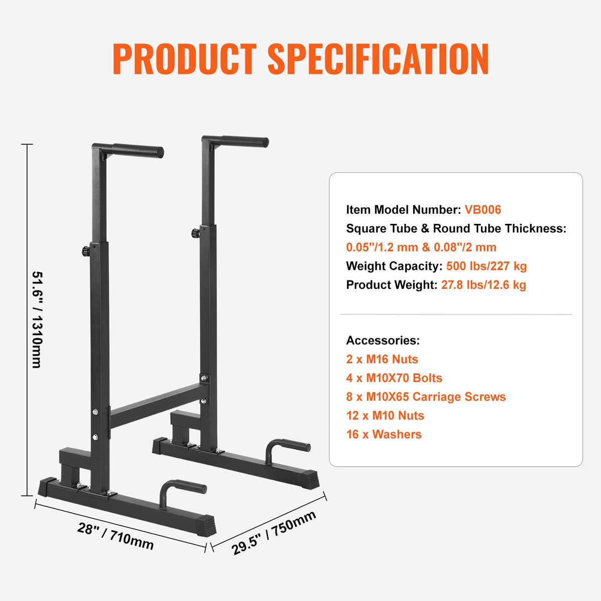 Dip Bar, 500 lbs Capacity, Heave Duty Dip Stand Station with Adjustable Height, Fitness Workout Dip Bar Station Stabilizer Parallette Push Up Stand, Parallel Bars for Strength Training Home Gym