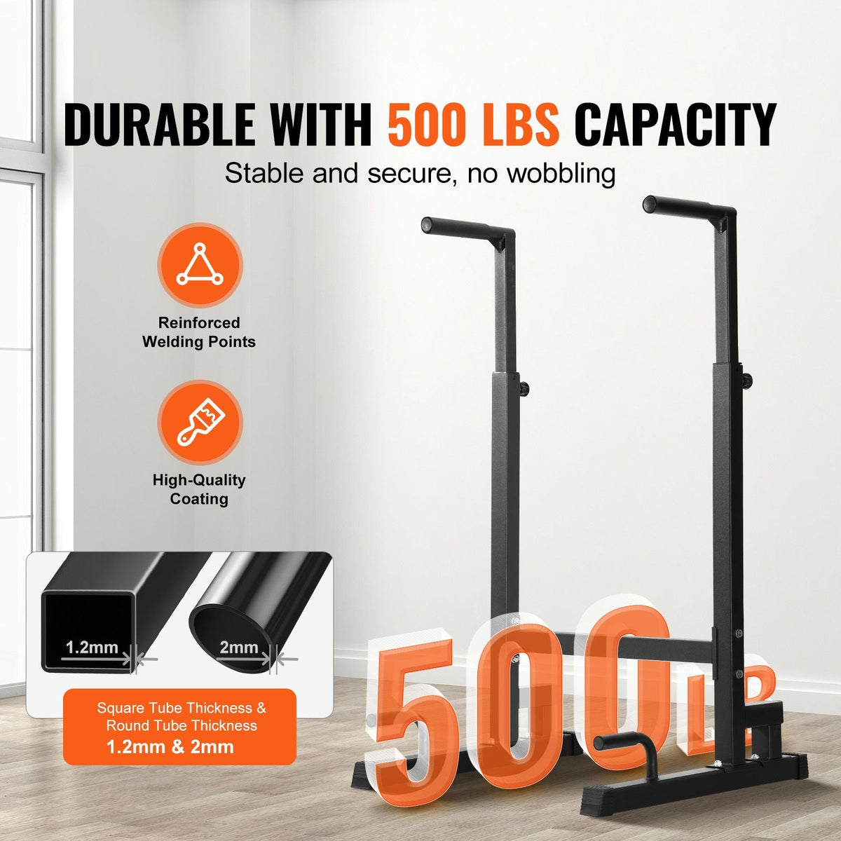 Dip Bar, 500 lbs Capacity, Heave Duty Dip Stand Station with Adjustable Height, Fitness Workout Dip Bar Station Stabilizer Parallette Push Up Stand, Parallel Bars for Strength Training Home Gym