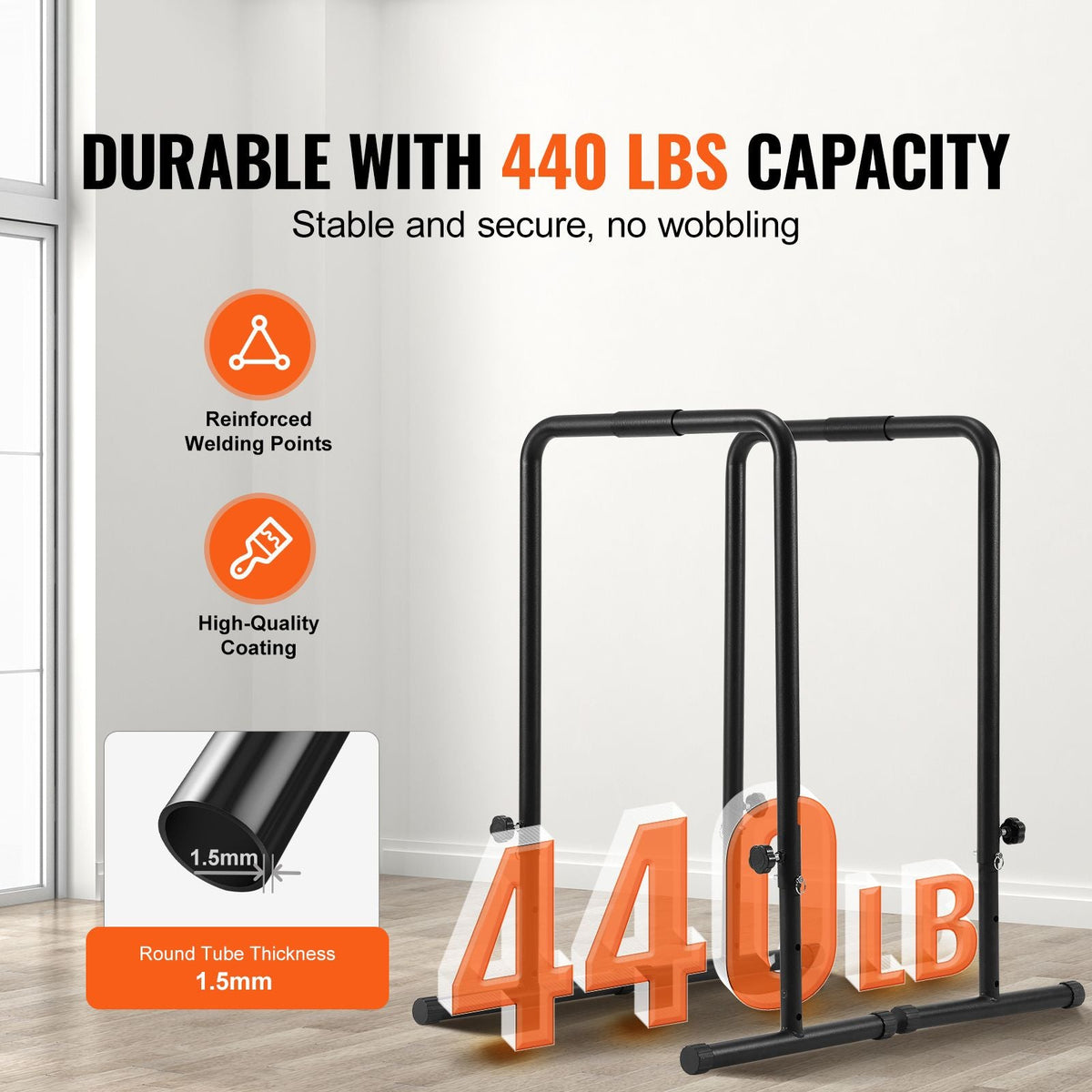 Dip Bars, 440 lbs Capacity, Heave Duty Dip Stand Station with Adjustable Height, Fitness Workout Dip Bar Station Stabilizer Parallette Push Up Stand, Parallel Bars for Strength Training Home Gym