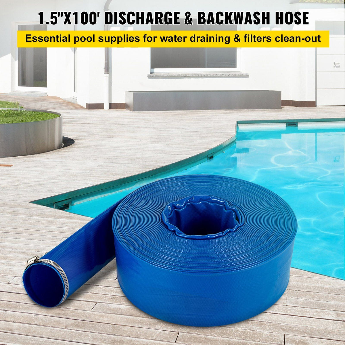 Discharge Hose, 1-1/2" x 100', PVC Fabric Lay Flat Hose, Heavy Duty Backwash Drain Hose with Clamps, Weather-proof & Burst-proof, Ideal for Swimming Pool & Water Transfer, Blue