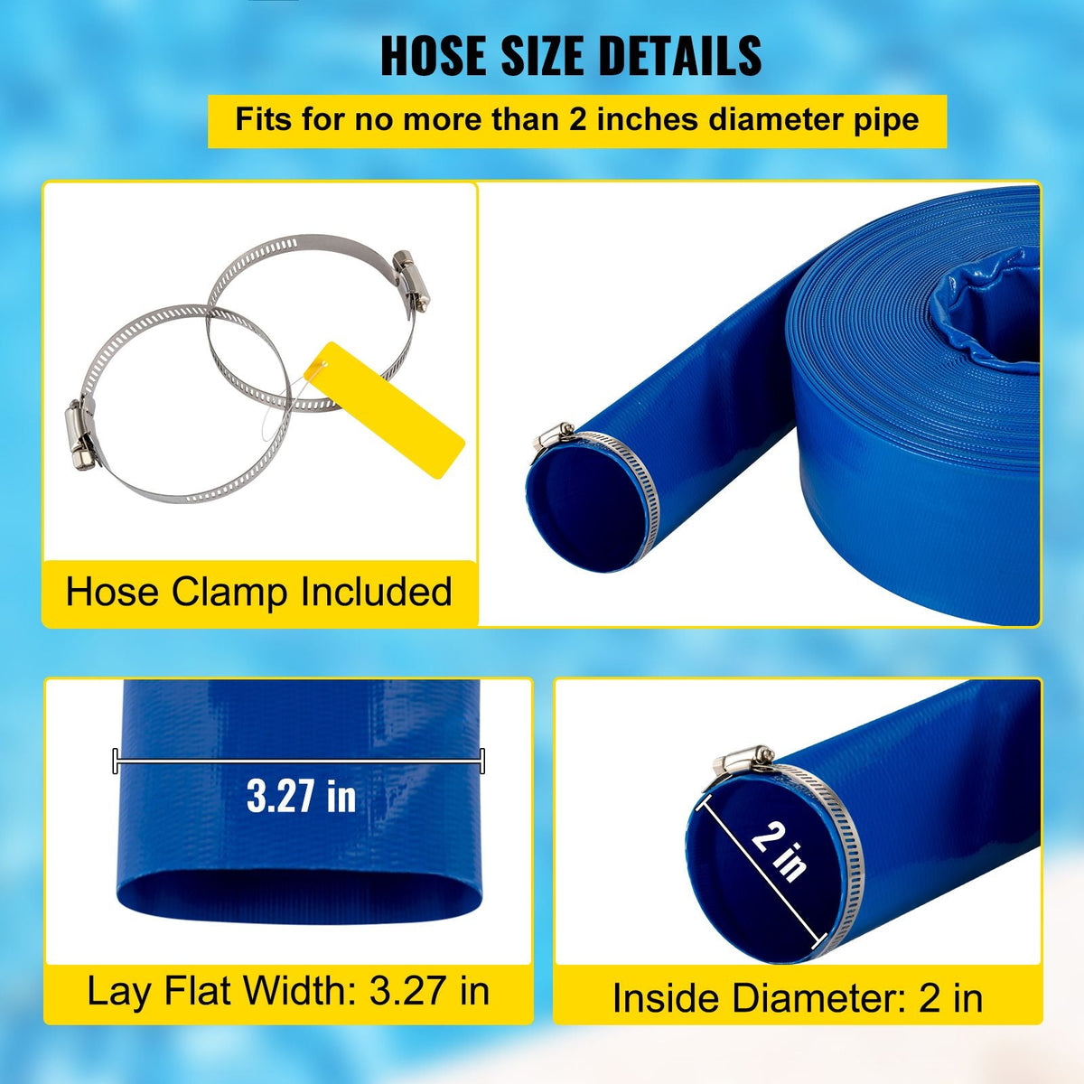 Discharge Hose, 2" x 105', PVC Fabric Lay Flat Hose, Heavy Duty Backwash Drain Hose with Clamps, Weather-proof & Burst-proof, Ideal for Swimming Pool & Water Transfer, Blue
