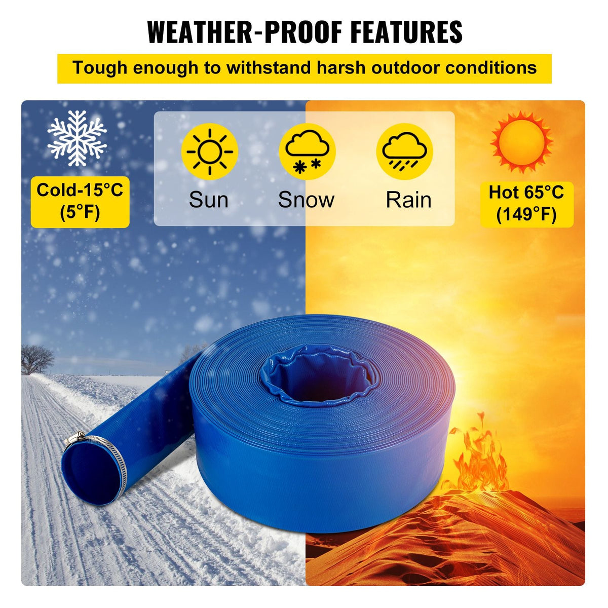 Discharge Hose, 3\" x 105\', PVC Lay Flat Hose, Heavy Duty Backwash Drain Hose with Clamps, Weather-proof & Burst-proof, Ideal for Swimming Pool & Water Transfer, Blue