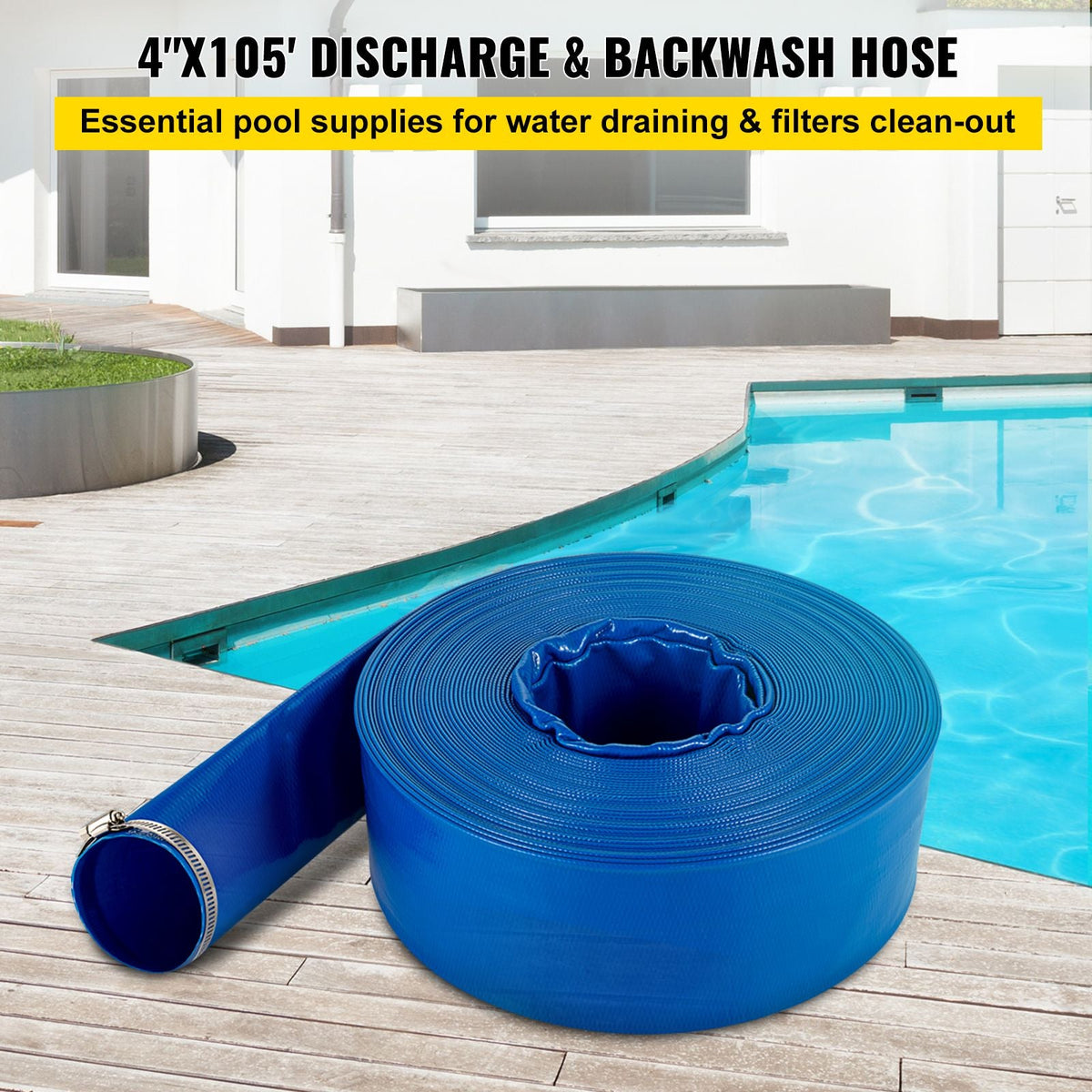 Discharge Hose, 4\" x 105\', PVC Lay Flat Hose, Heavy Duty Backwash Drain Hose with Clamps, Weather-proof & Burst-proof, Ideal for Swimming Pool & Water Transfer, Blue