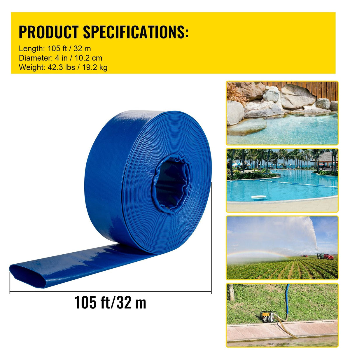 Discharge Hose, 4\" x 105\', PVC Lay Flat Hose, Heavy Duty Backwash Drain Hose with Clamps, Weather-proof & Burst-proof, Ideal for Swimming Pool & Water Transfer, Blue