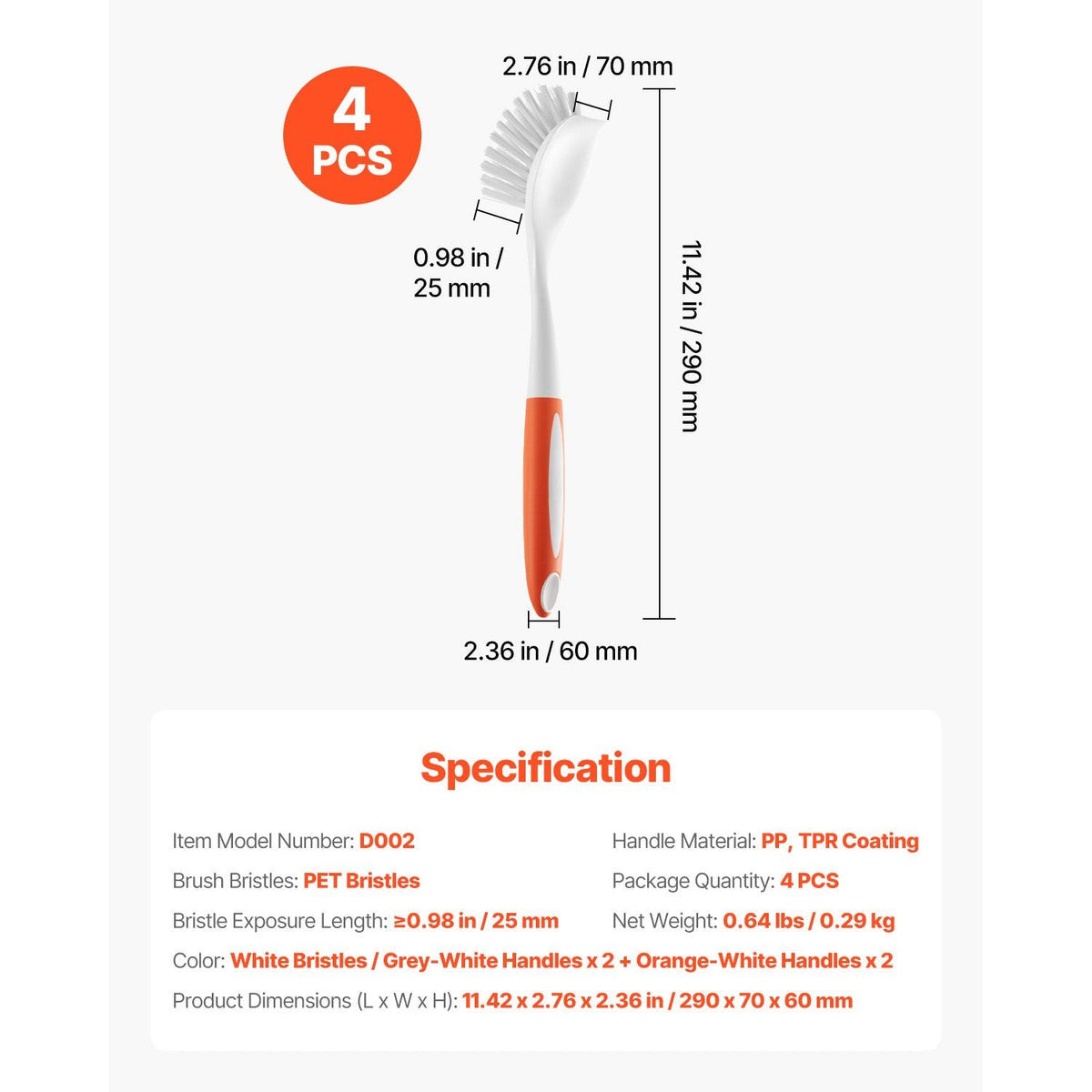 Dish Brush, 4 Pack Kitchen Scrub Brushes with PP Handle, Dish Cleaning Brushes with Curved Bristles, Ideal for Pots, Pans, Sink and Stove, 2 Gray + 2 Orange