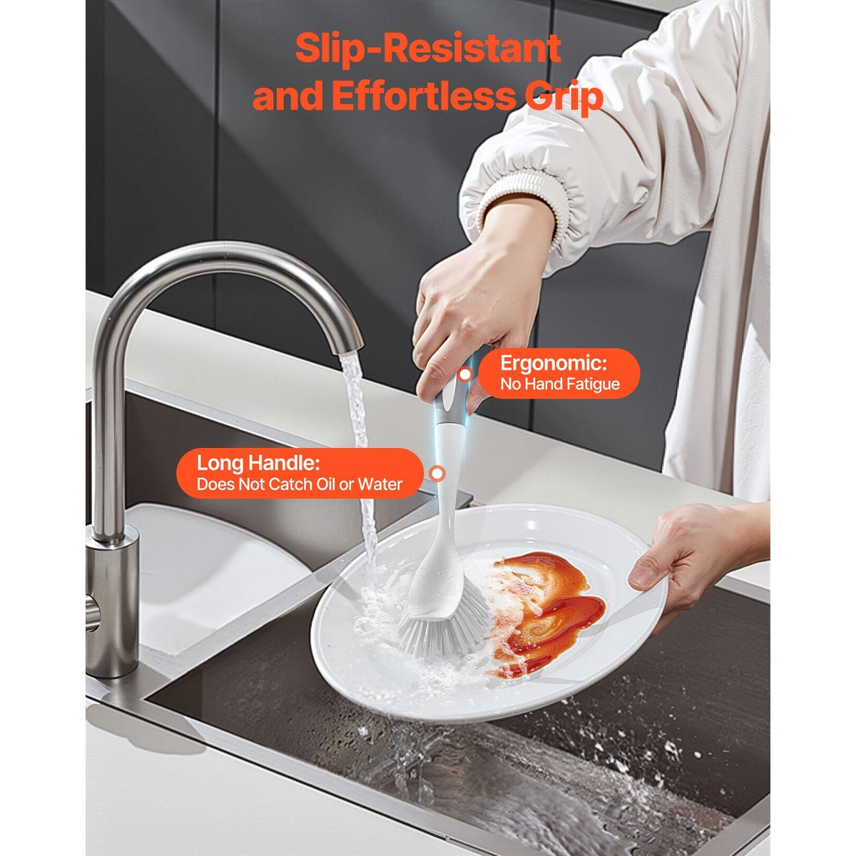 Dish Brush, 4 Pack Kitchen Scrub Brushes with PP Handle, Dish Cleaning Brushes with Curved Bristles, Ideal for Pots, Pans, Sink and Stove, 2 Gray + 2 Orange