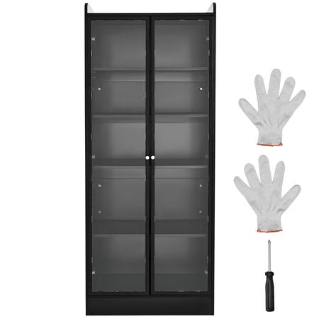 Display Cabinet with Doors, 67 in Tall Lighted Display Case with 2 Adjustable Shelves, 5-Tier Curio Collectibles Storage Cabinet, Bookshelf Bookcase for Pantry Bedroom Living Room Office