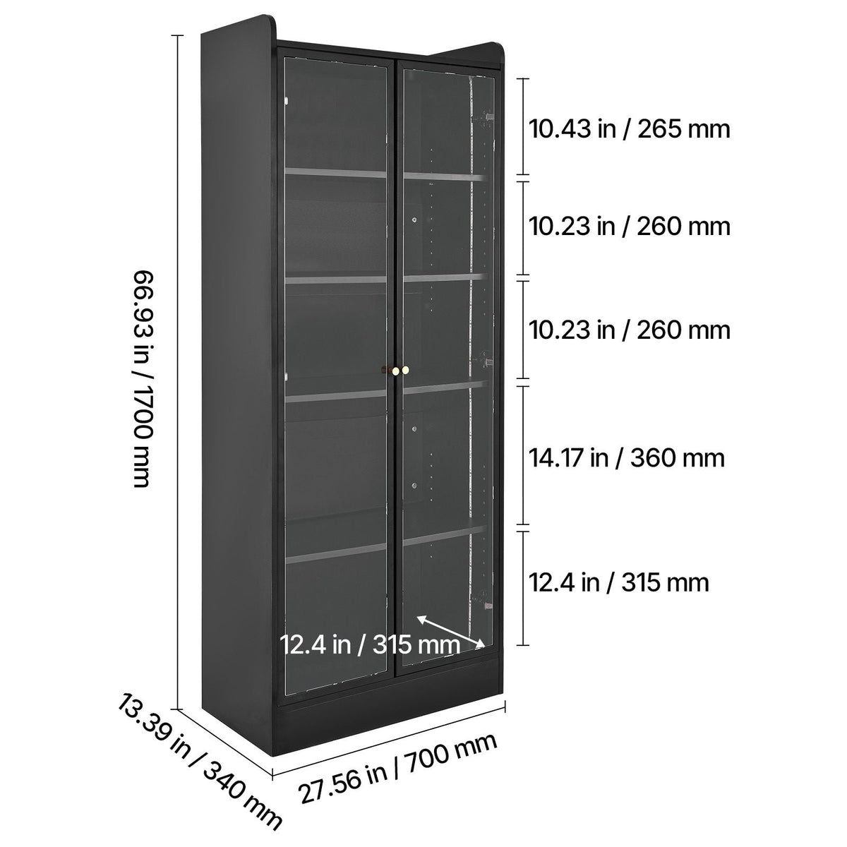 Display Cabinet with Doors, 67 in Tall Lighted Display Case with 2 Adjustable Shelves, 5-Tier Curio Collectibles Storage Cabinet, Bookshelf Bookcase for Pantry Bedroom Living Room Office