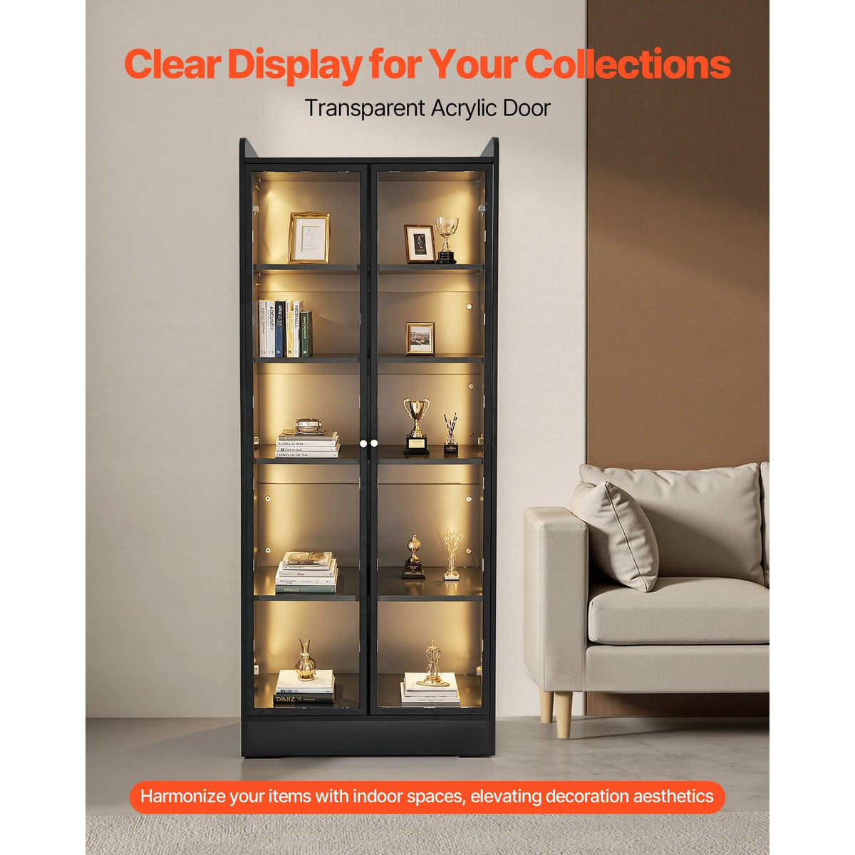 Display Cabinet with Doors, 67 in Tall Lighted Display Case with 2 Adjustable Shelves, 5-Tier Curio Collectibles Storage Cabinet, Bookshelf Bookcase for Pantry Bedroom Living Room Office