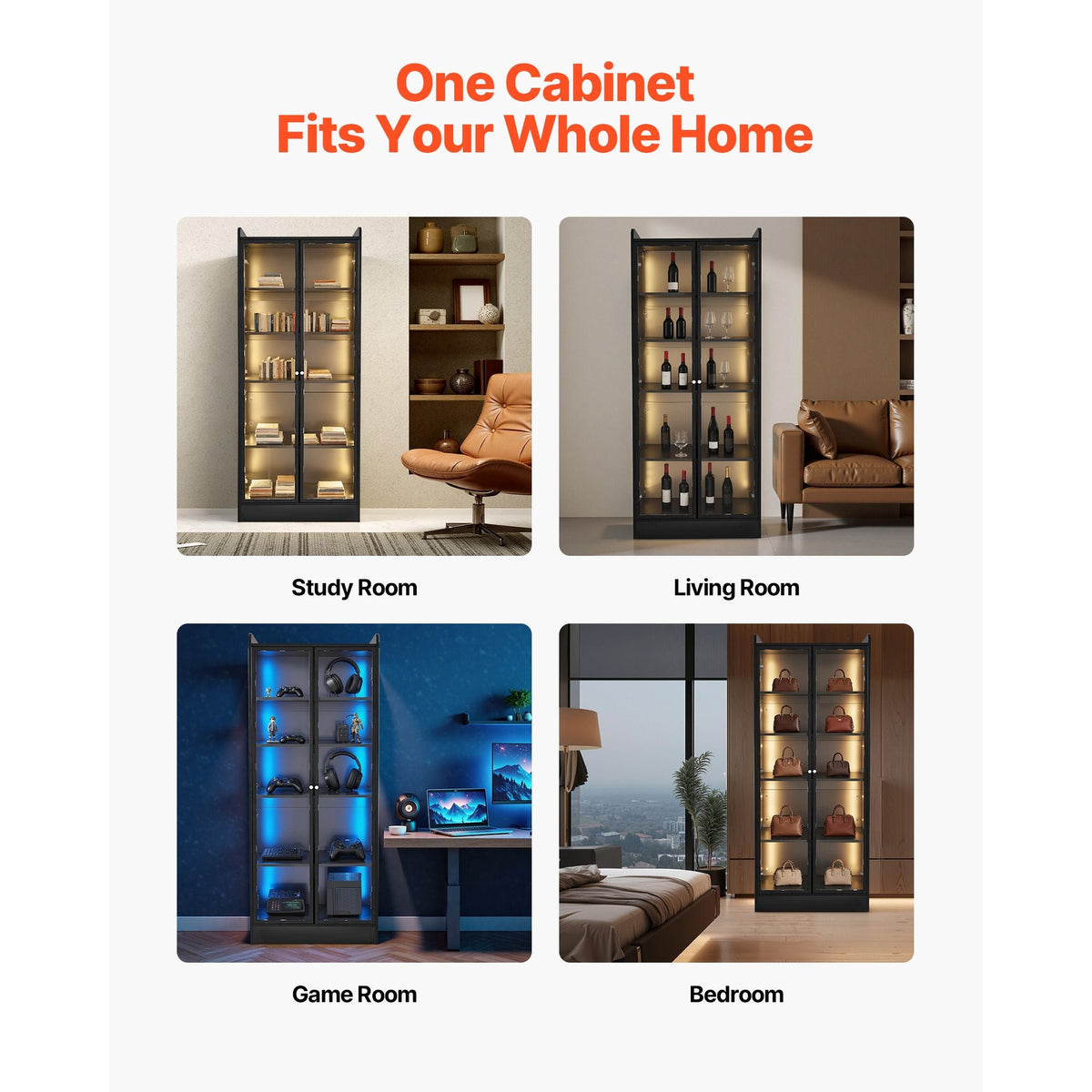 Display Cabinet with Doors, 67 in Tall Lighted Display Case with 2 Adjustable Shelves, 5-Tier Curio Collectibles Storage Cabinet, Bookshelf Bookcase for Pantry Bedroom Living Room Office