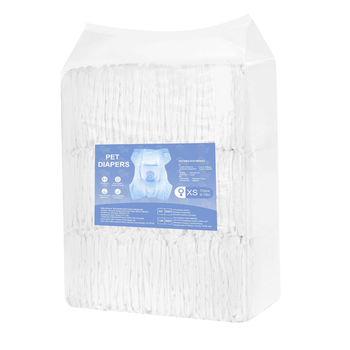 Disposable Dog Diapers, Super Absorbent Female Dog Diapers, 360° Leak-Proof Female Doggy Pet Diaper with Wetness Indicator for Heat Period, Training, Incontinence - XS, 144 Count (2 Packs of 72)