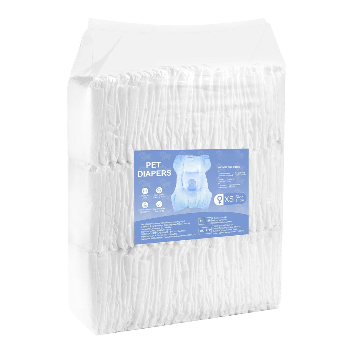 Disposable Dog Diapers, Super Absorbent Female Dog Diapers, 360° Leak-Proof Female Doggy Pet Diaper with Wetness Indicator for Heat Period, Training, Incontinence - XS, 144 Count (2 Packs of 72)