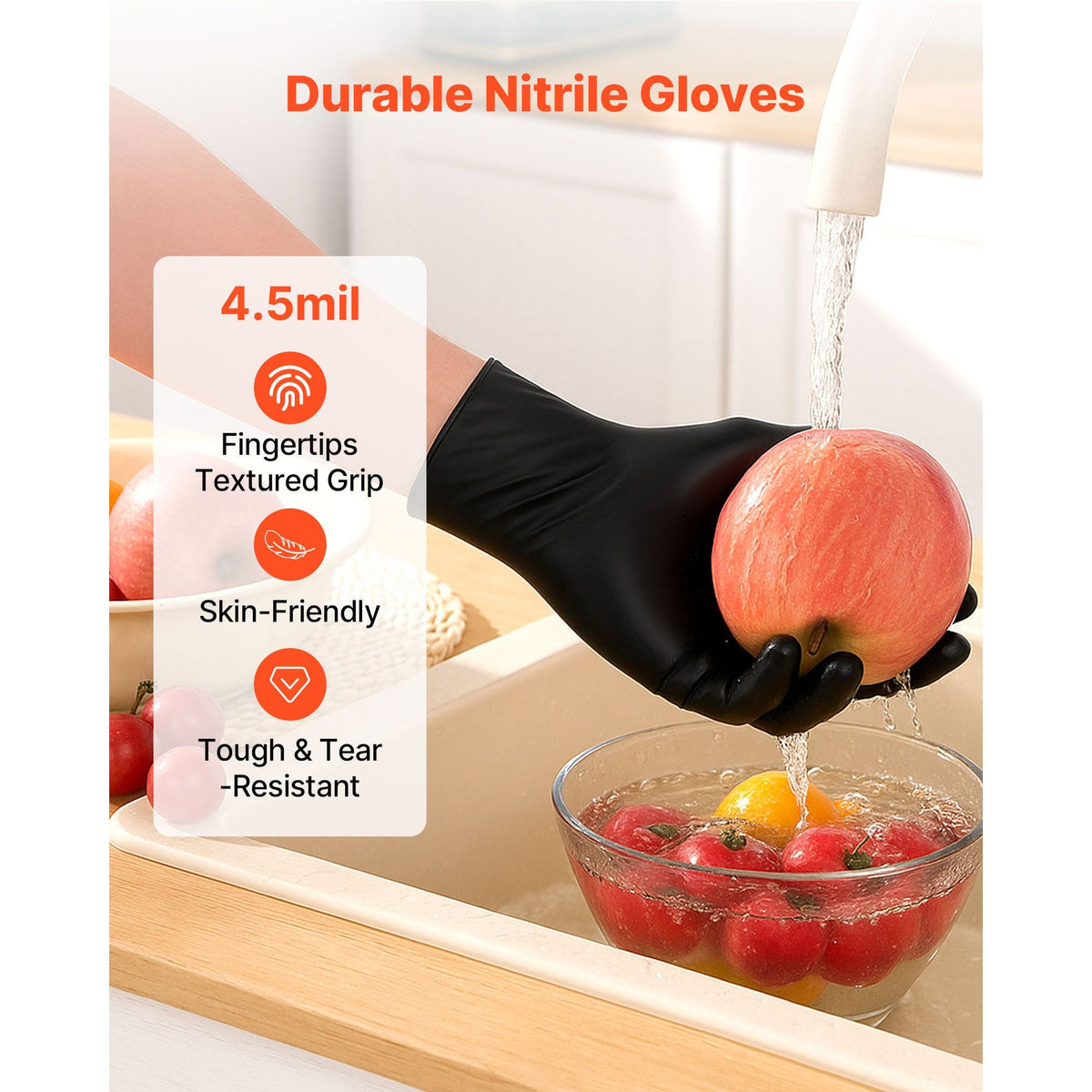 Disposable Gloves, 4.5 Mil Black Nitrile Gloves with Textured Fingertips, Latex & Powder-Free, Food-Grade, Puncture Resistance, Ideal for Medical Exams, Cooking and Cleaning, 100 Count, Medium