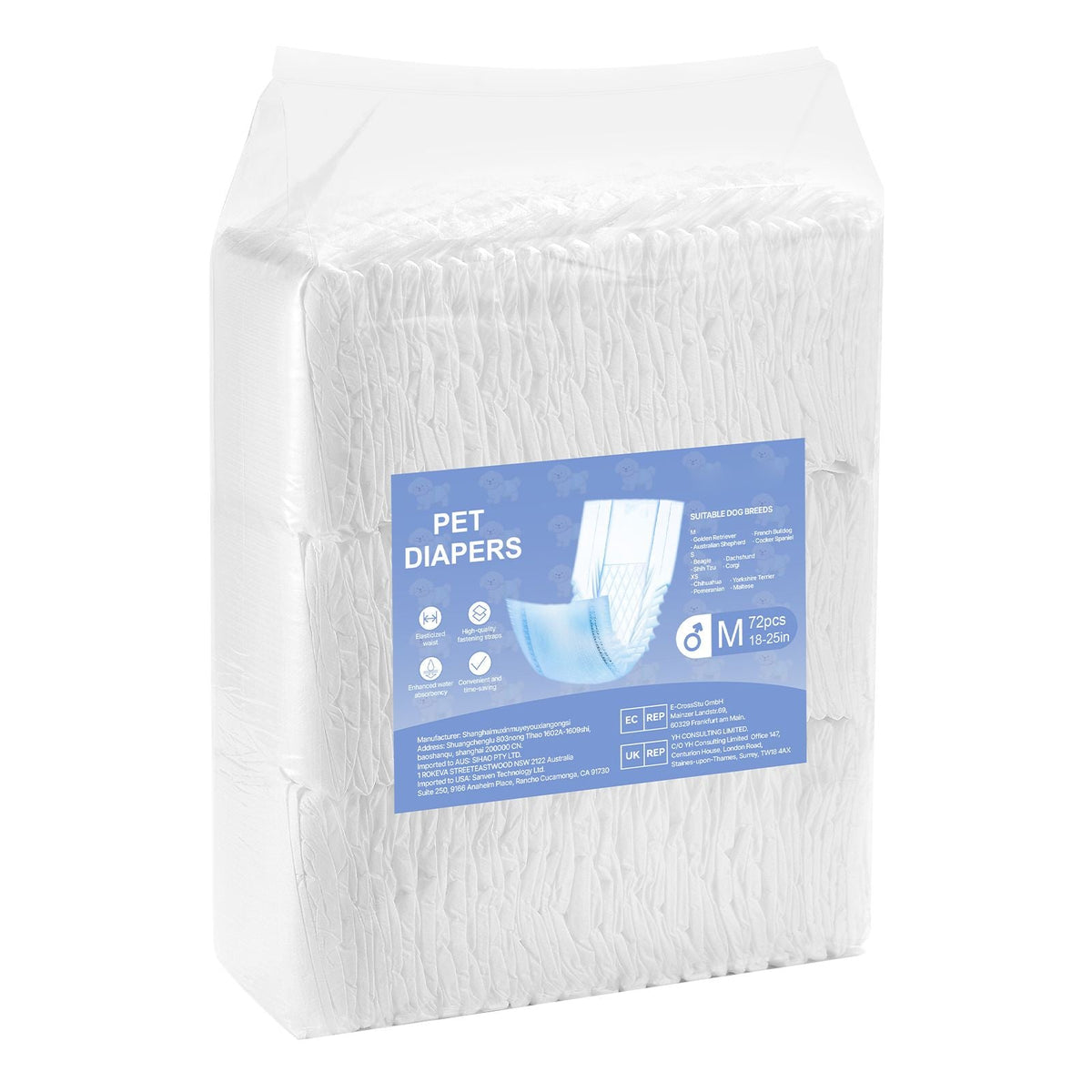 Disposable Male Dog Diapers, Super Absorbent Male Dog Wraps, 360 ° Leak-Proof Belly Bands with Wetness Indicator for Doggies in Heat, Training, Incontinence - M, 144 Count (2 Packs of 72)