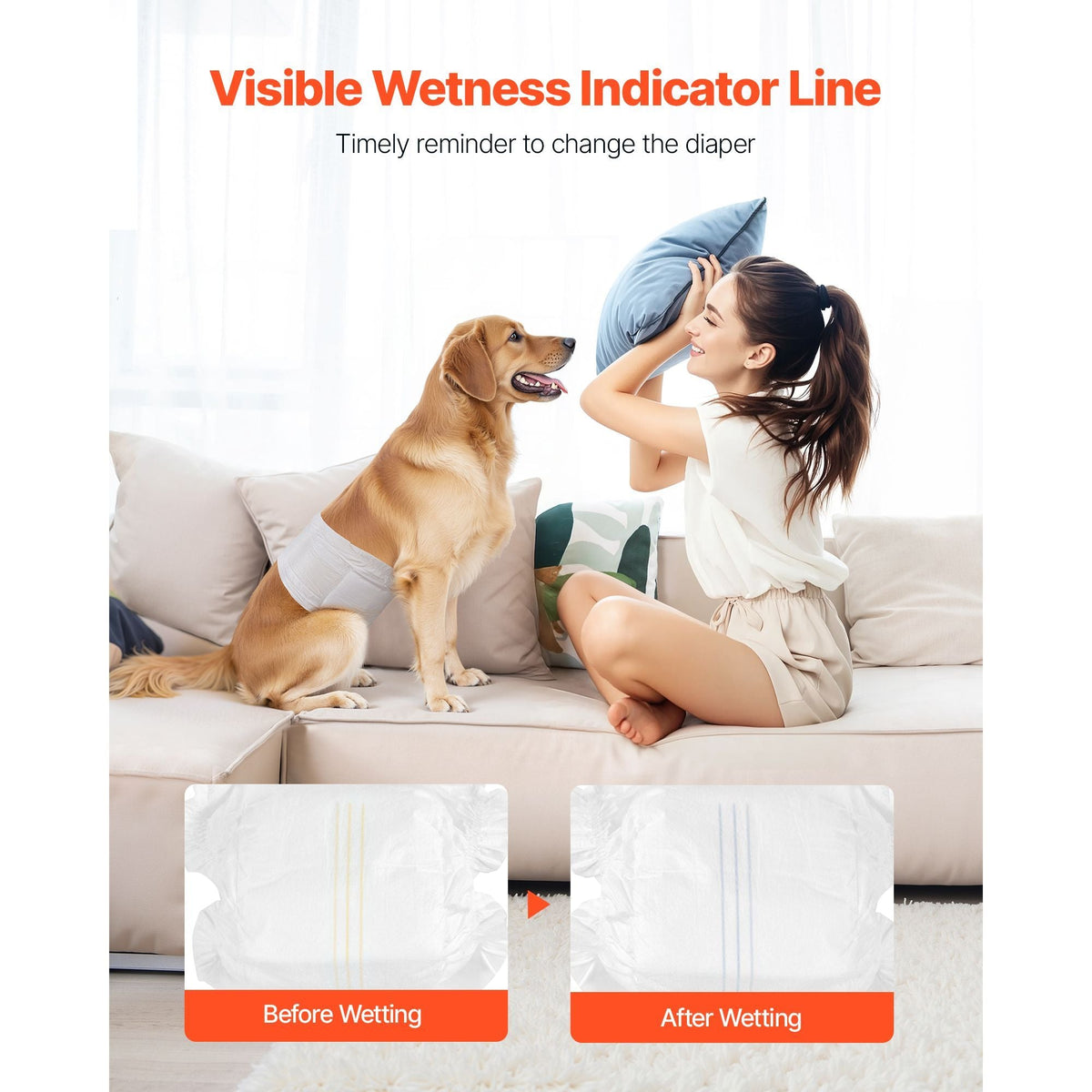 Disposable Male Dog Diapers, Super Absorbent Male Dog Wraps, 360 ° Leak-Proof Belly Bands with Wetness Indicator for Doggies in Heat, Training, Incontinence - M, 144 Count (2 Packs of 72)