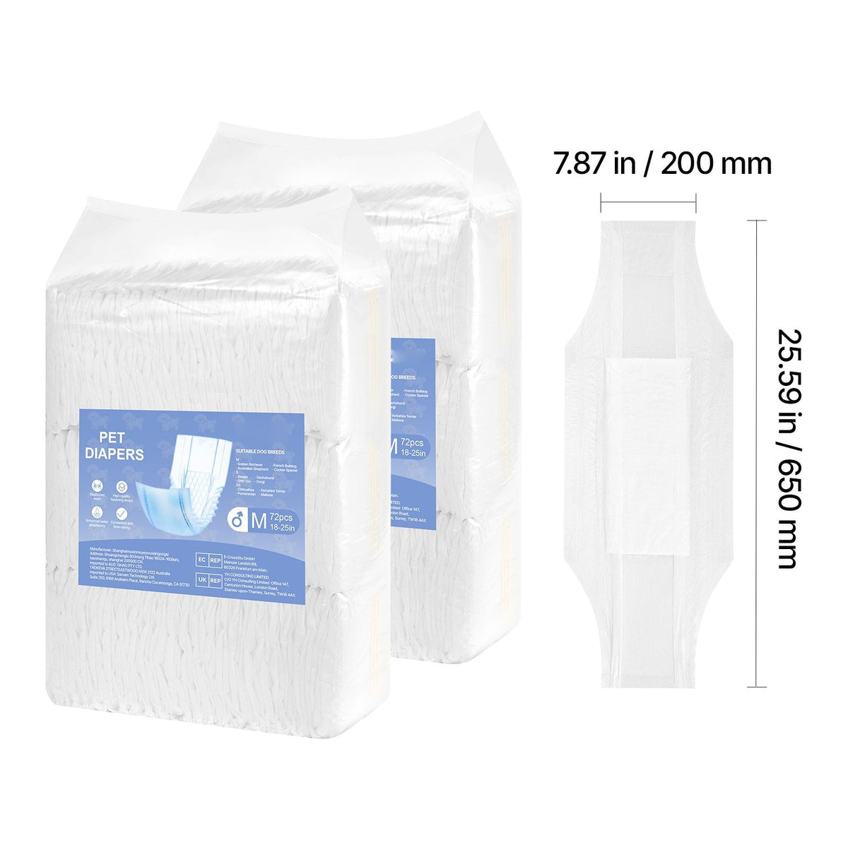 Disposable Male Dog Diapers, Super Absorbent Male Dog Wraps, 360 ° Leak-Proof Belly Bands with Wetness Indicator for Doggies in Heat, Training, Incontinence - M, 144 Count (2 Packs of 72)