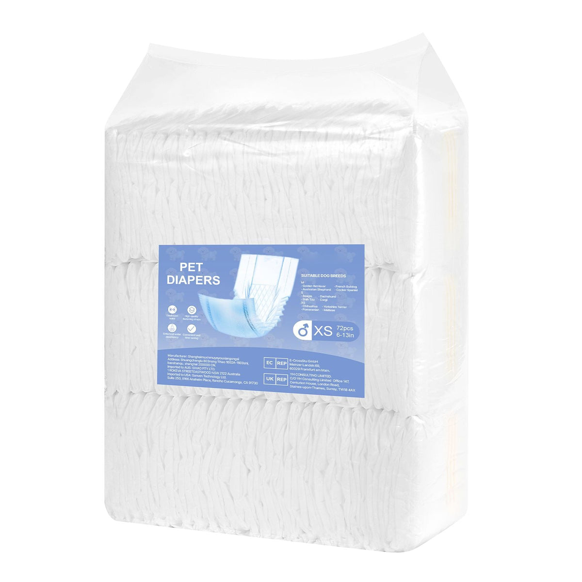 Disposable Male Dog Diapers, Super Absorbent Male Dog Wraps, 360 ° Leak-Proof Belly Bands with Wetness Indicator for Doggies in Heat, Training, Incontinence - XS, 144 Count (2 Packs of 72)