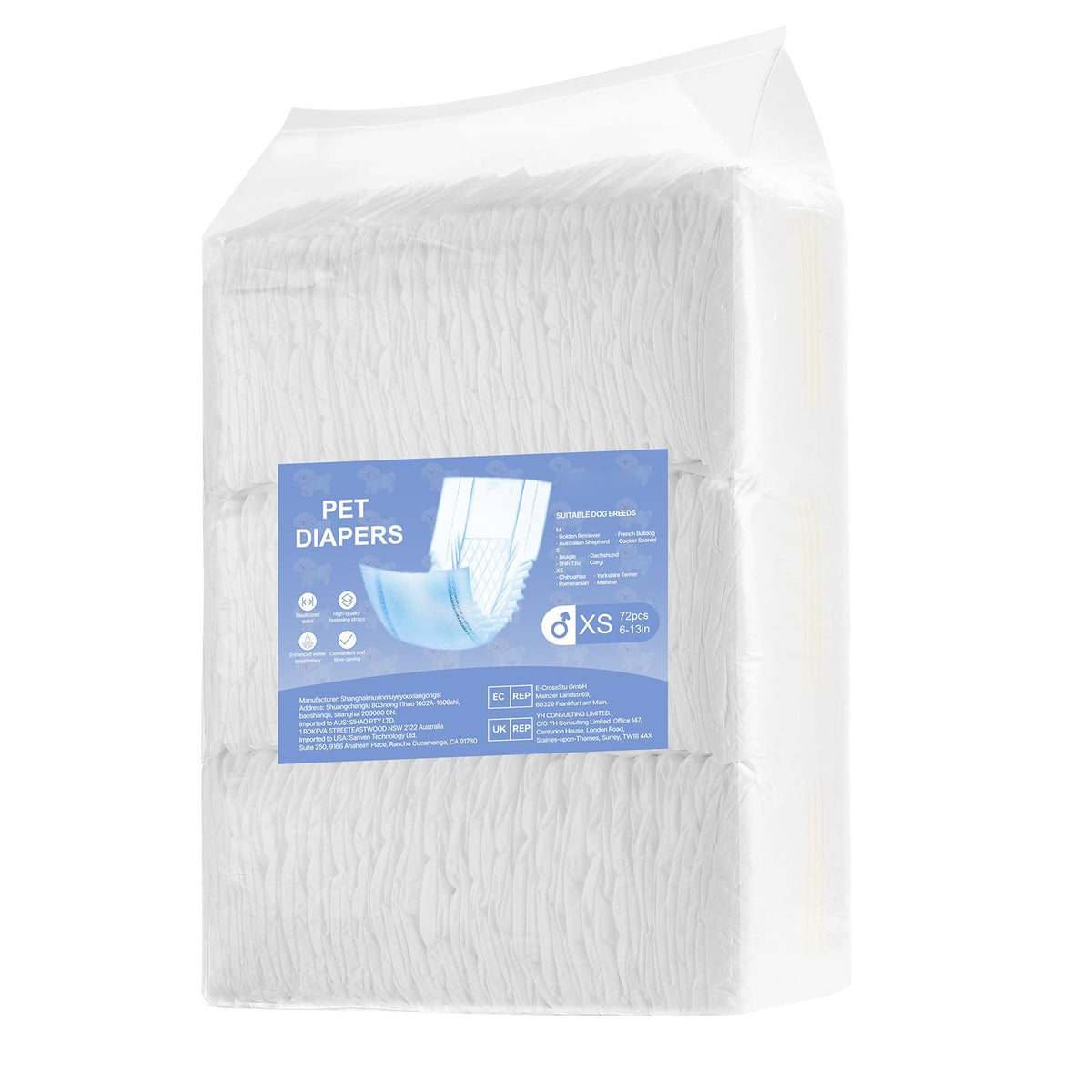 Disposable Male Dog Diapers, Super Absorbent Male Dog Wraps, 360 ° Leak-Proof Belly Bands with Wetness Indicator for Doggies in Heat, Training, Incontinence - XS, 144 Count (2 Packs of 72)