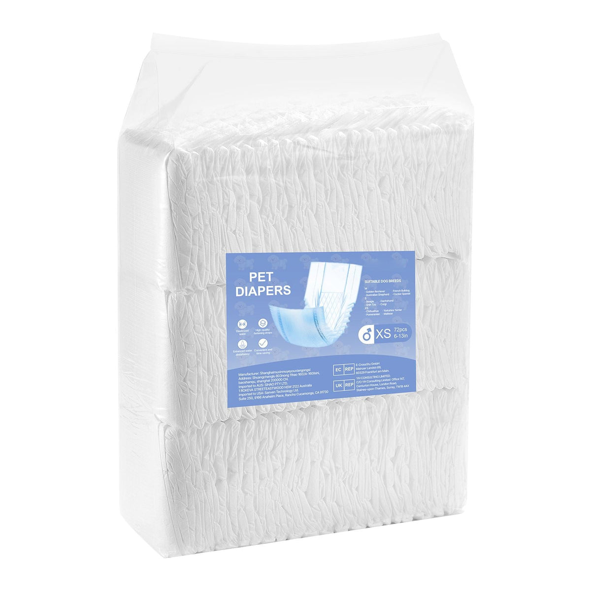 Disposable Male Dog Diapers, Super Absorbent Male Dog Wraps, 360 ° Leak-Proof Belly Bands with Wetness Indicator for Doggies in Heat, Training, Incontinence - XS, 144 Count (2 Packs of 72)