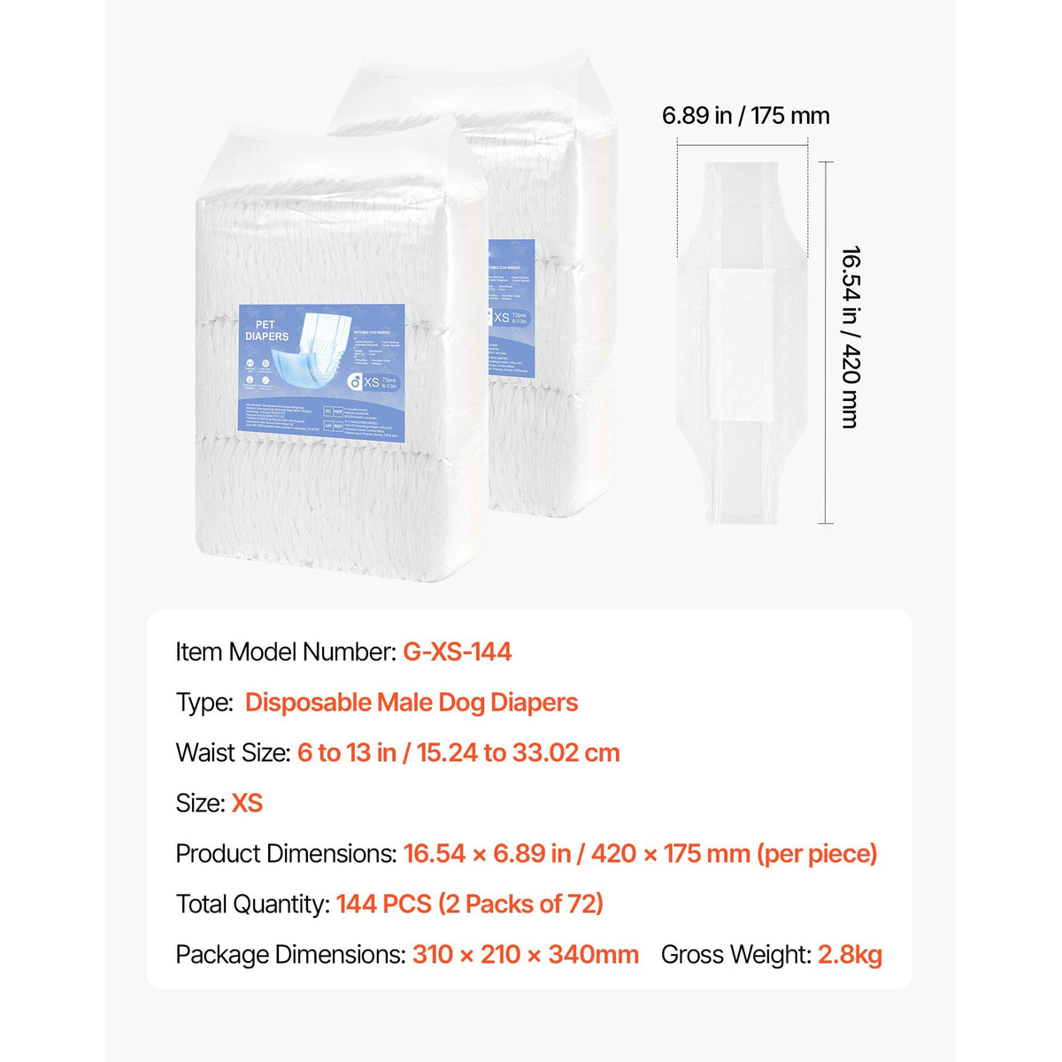 Disposable Male Dog Diapers, Super Absorbent Male Dog Wraps, 360 ° Leak-Proof Belly Bands with Wetness Indicator for Doggies in Heat, Training, Incontinence - XS, 144 Count (2 Packs of 72)
