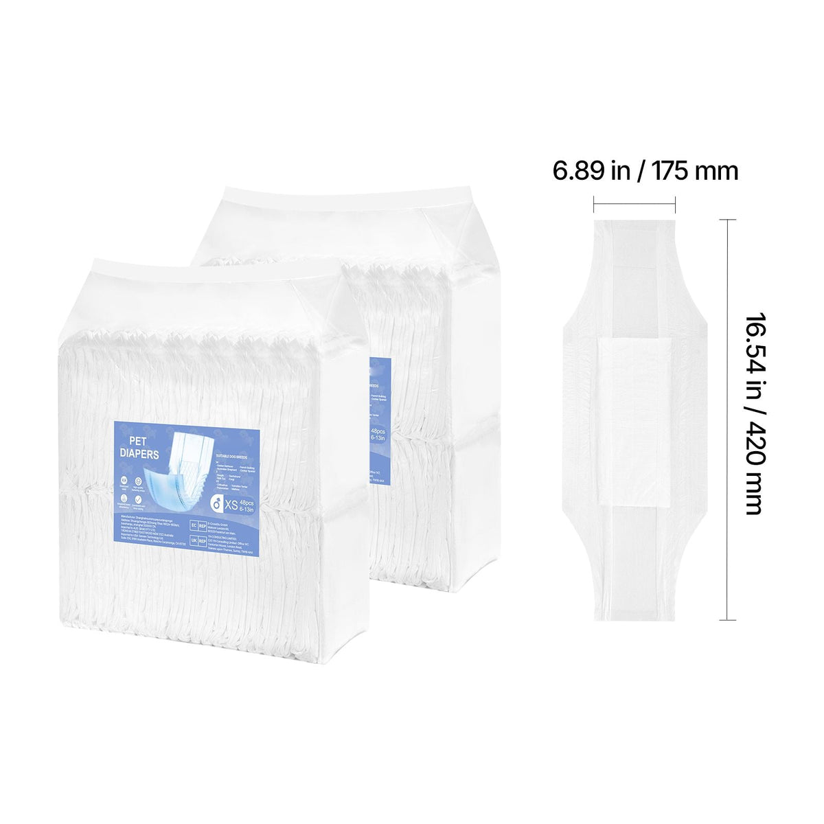 Disposable Male Dog Diapers, Super Absorbent Male Dog Wraps, 360 ° Leak-Proof Belly Bands with Wetness Indicator for Doggies in Heat, Training, Incontinence - XS, 96 Count (2 Packs of 48)