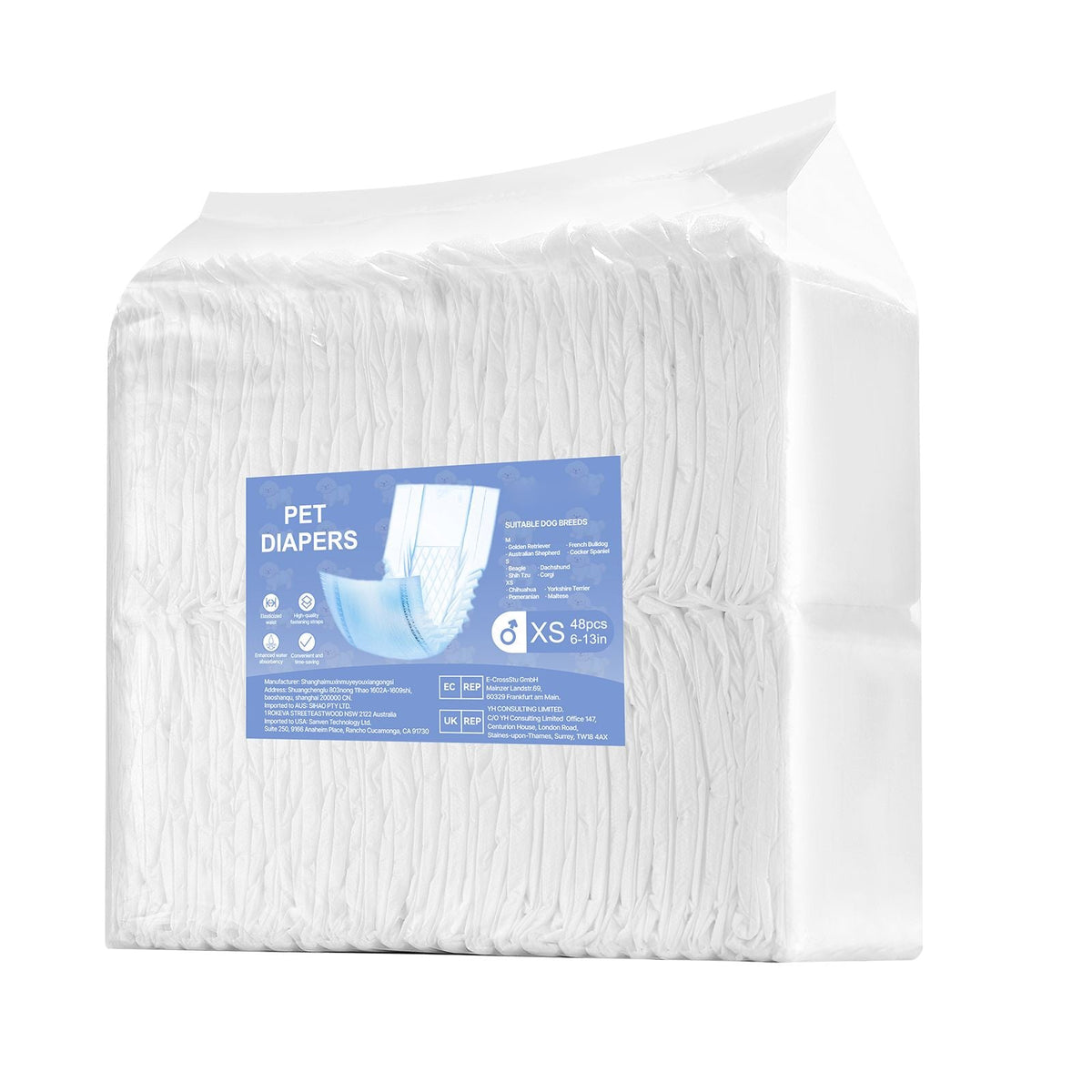 Disposable Male Dog Diapers, Super Absorbent Male Dog Wraps, 360 ° Leak-Proof Belly Bands with Wetness Indicator for Doggies in Heat, Training, Incontinence - XS, 96 Count (2 Packs of 48)