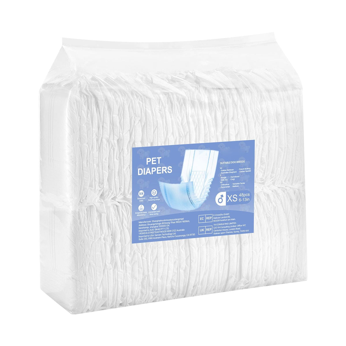 Disposable Male Dog Diapers, Super Absorbent Male Dog Wraps, 360 ° Leak-Proof Belly Bands with Wetness Indicator for Doggies in Heat, Training, Incontinence - XS, 96 Count (2 Packs of 48)