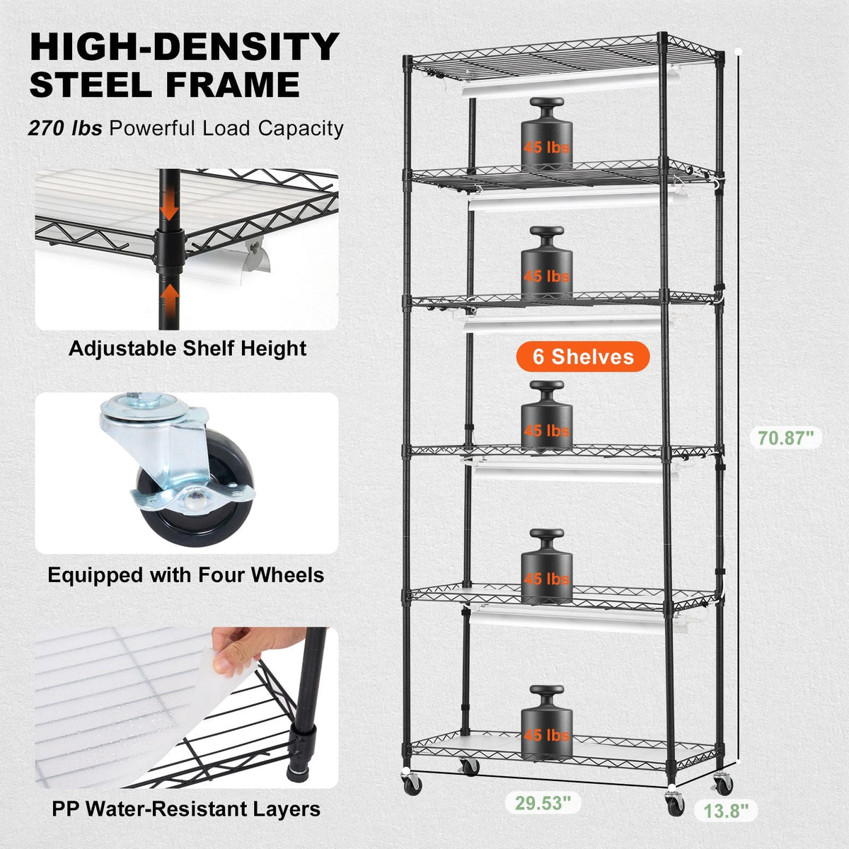 DIY Plant Stand with Grow Light, 6-Tier Large Tall Plant Shelf with 192W 5000K Full Spectrum Grow Lights, Indoor Grow Light Shelf with Wheels for Seed Starting 29.5" L x 13.8" W x 70.9" H