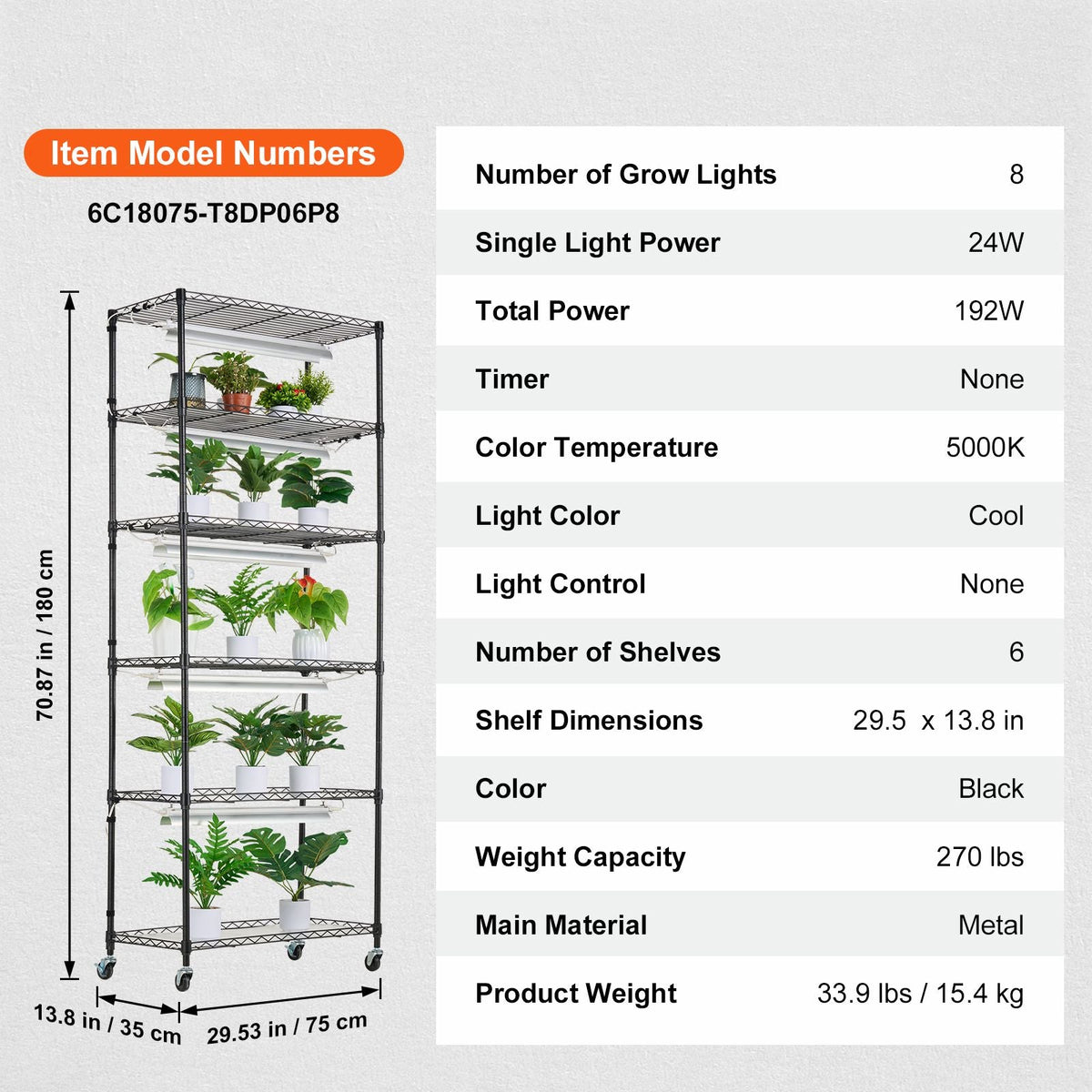 DIY Plant Stand with Grow Light, 6-Tier Large Tall Plant Shelf with 192W 5000K Full Spectrum Grow Lights, Indoor Grow Light Shelf with Wheels for Seed Starting 29.5" L x 13.8" W x 70.9" H