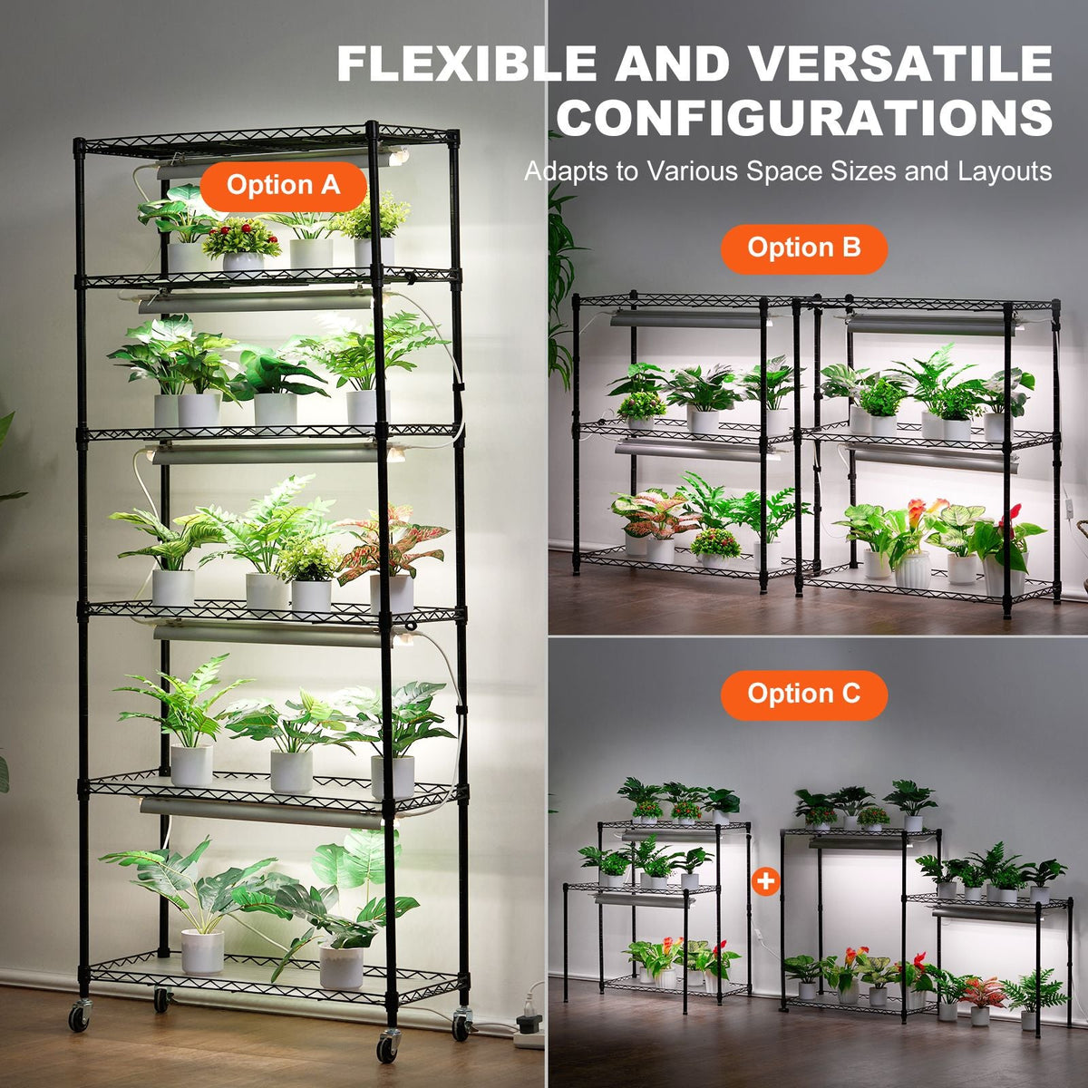 DIY Plant Stand with Grow Light, 6-Tier Large Tall Plant Shelf with 192W 5000K Full Spectrum Grow Lights, Indoor Grow Light Shelf with Wheels for Seed Starting 29.5" L x 13.8" W x 70.9" H