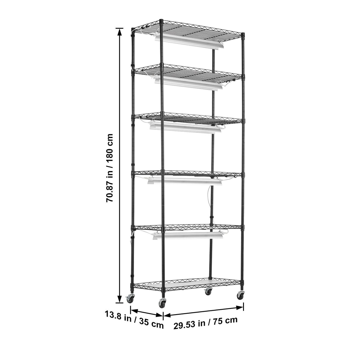 DIY Plant Stand with Grow Light, 6-Tier Large Tall Plant Shelf with 192W 5000K Full Spectrum Grow Lights, Indoor Grow Light Shelf with Wheels for Seed Starting 29.5" L x 13.8" W x 70.9" H