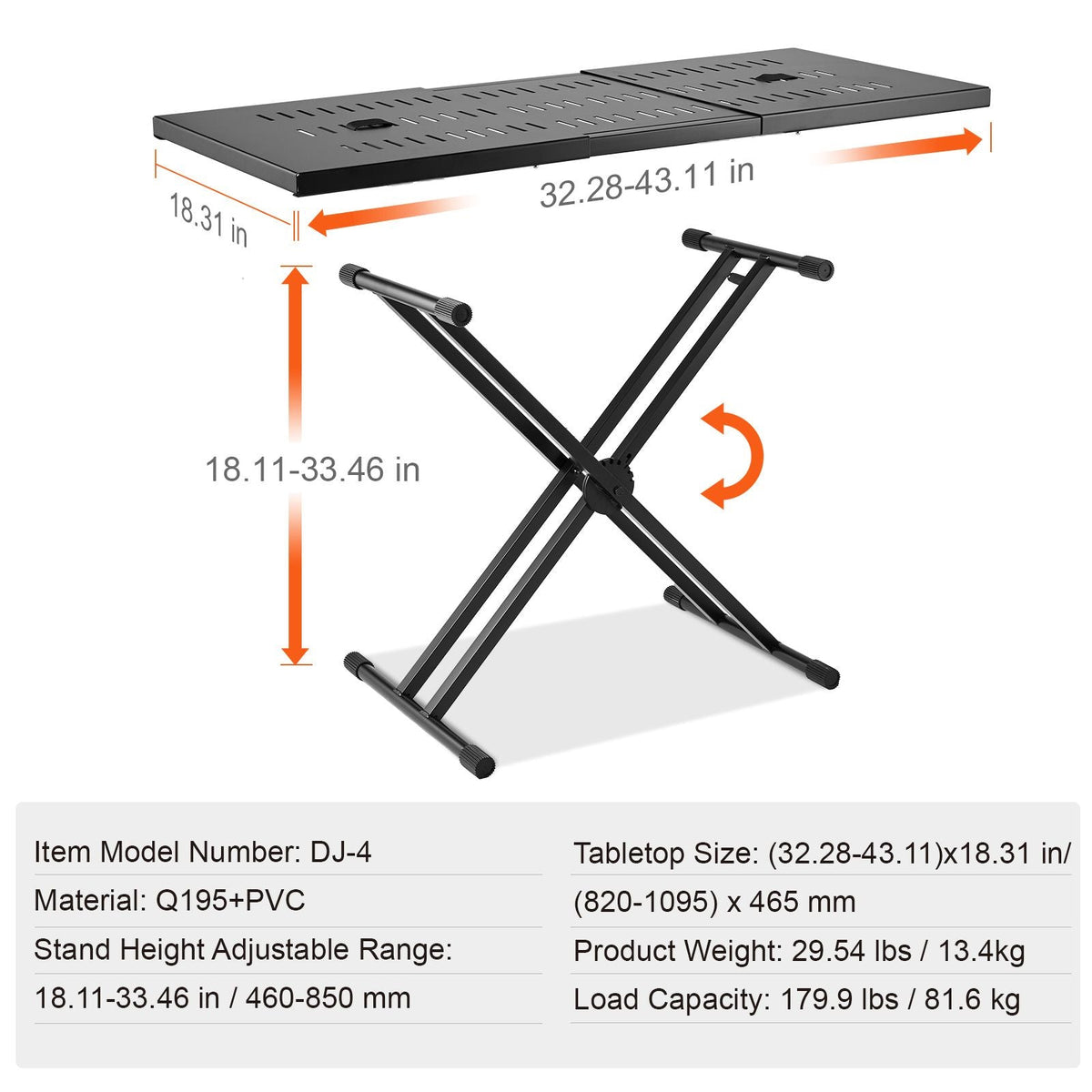 DJ Table Stand, (32"-43") x 18" Portable DJ Laptop and Controller Stand, Lightweight DJ Desk DJ Booth Adjustable Height DJ Stand, Foldable Double-X Keyboard Stand & Tabletop, Audio Mixer Stand
